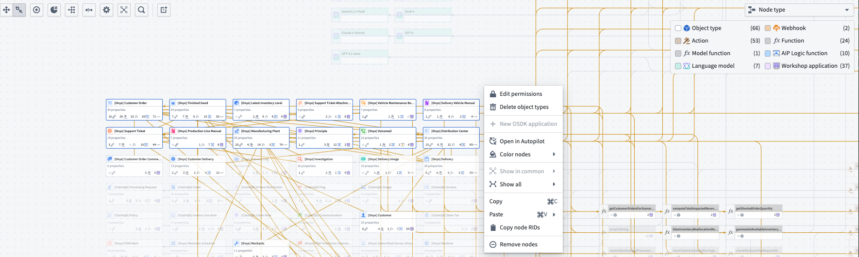 The right-click menu on selected nodes to apply bulk actions.