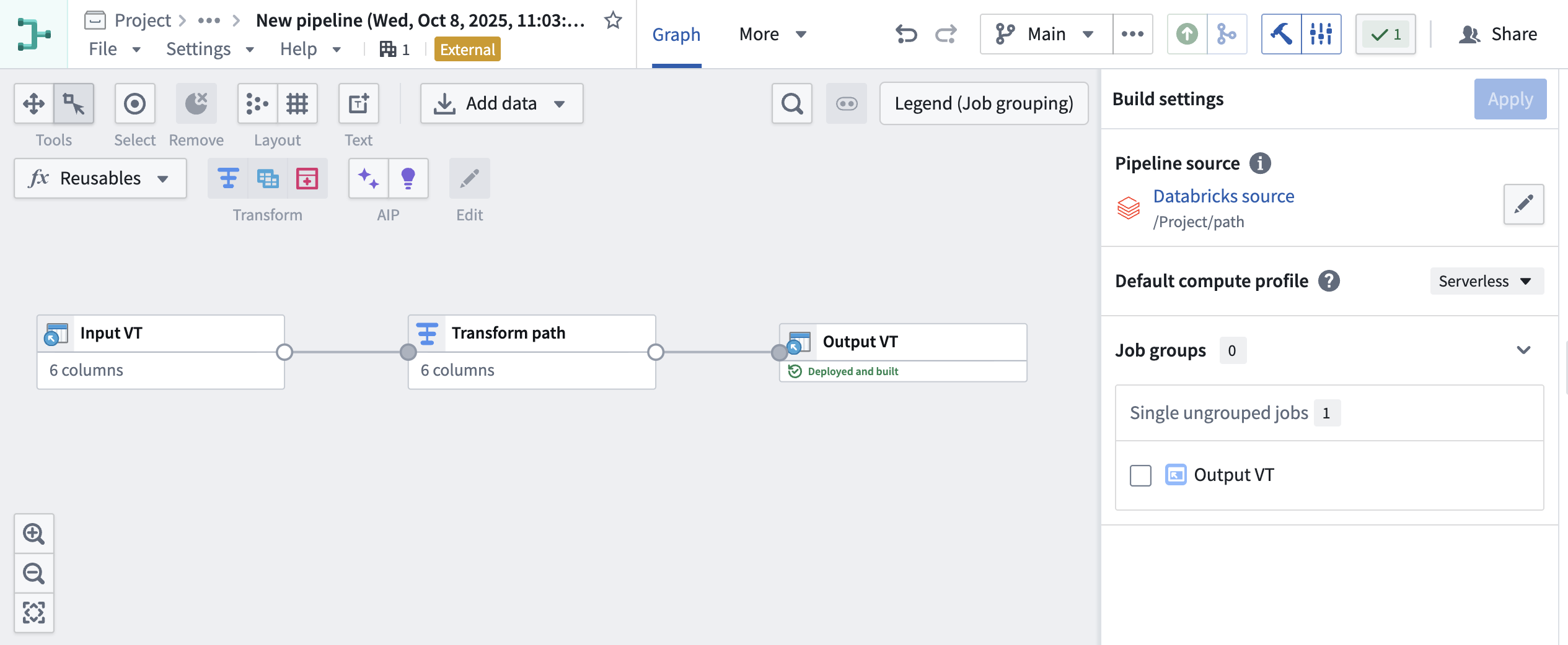 External pipeline with pushdown compute in Pipeline Builder.