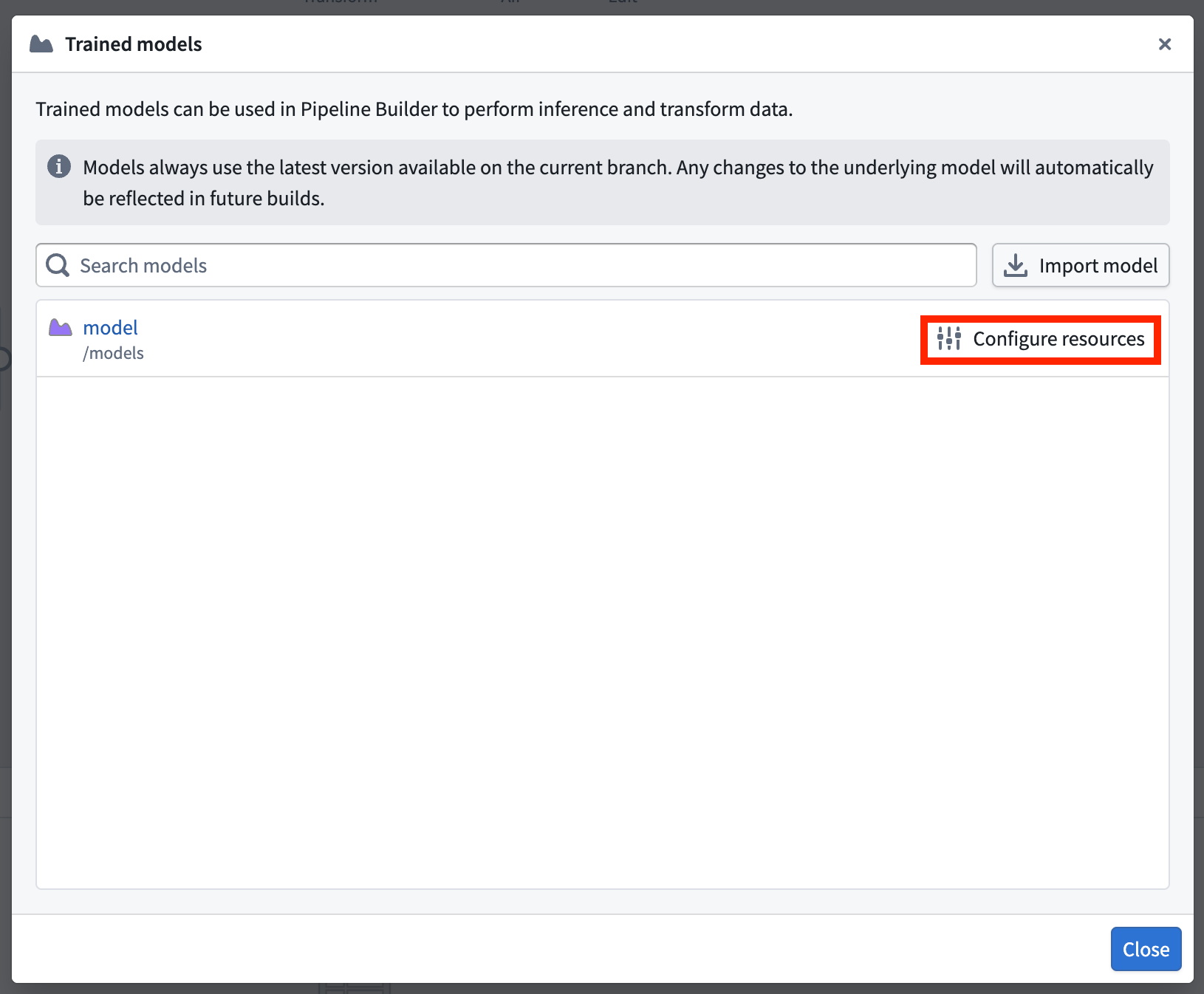 Trained model import window with configure resource options.
