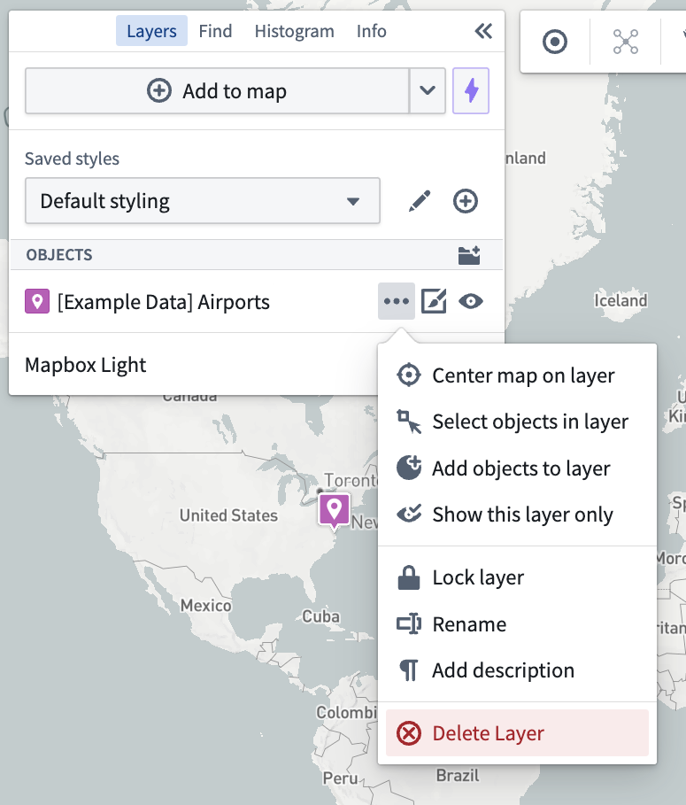 Map application with layer actions menu open
