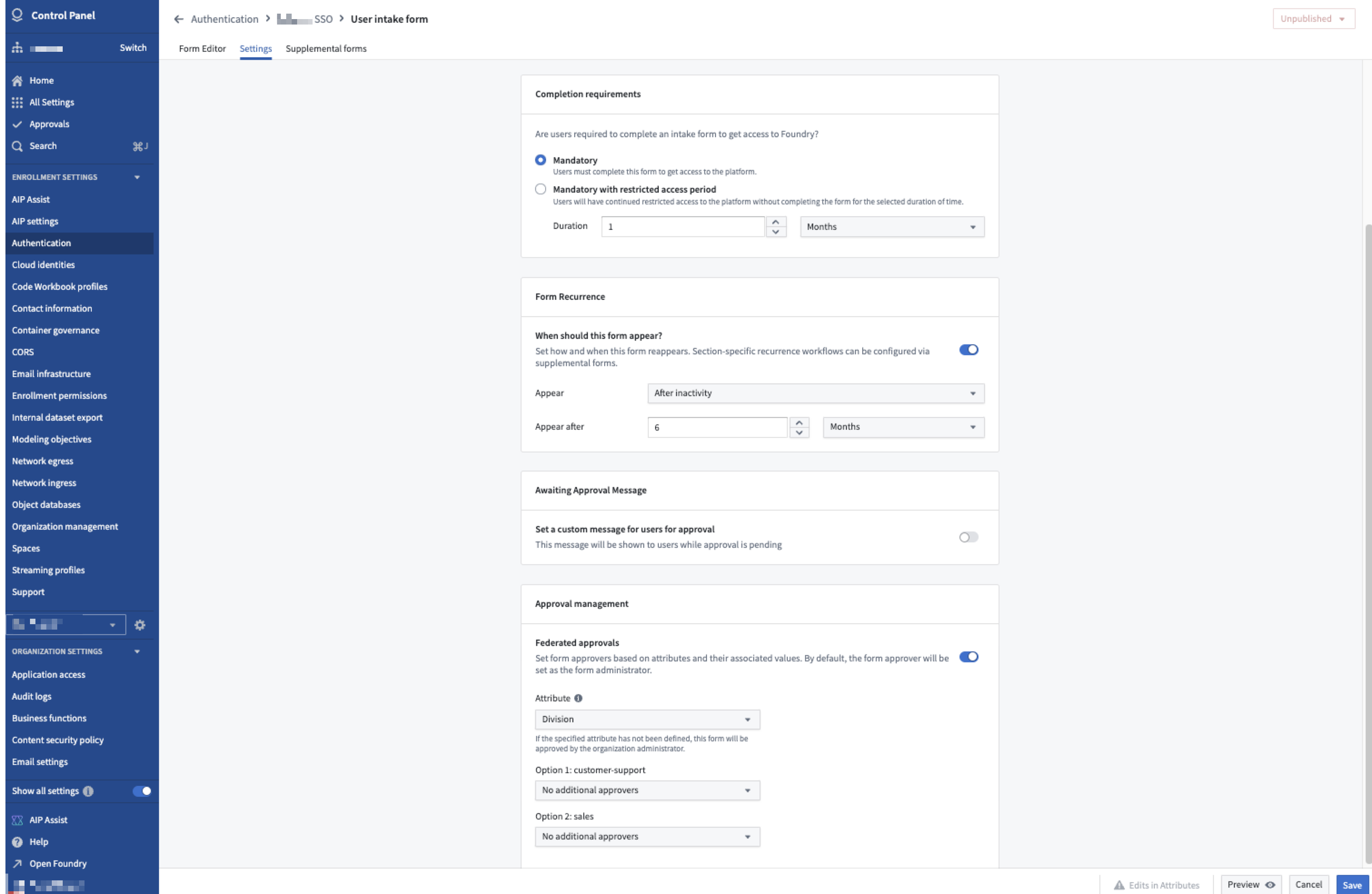 The Settings configuration page for user intake forms in Control Panel.
