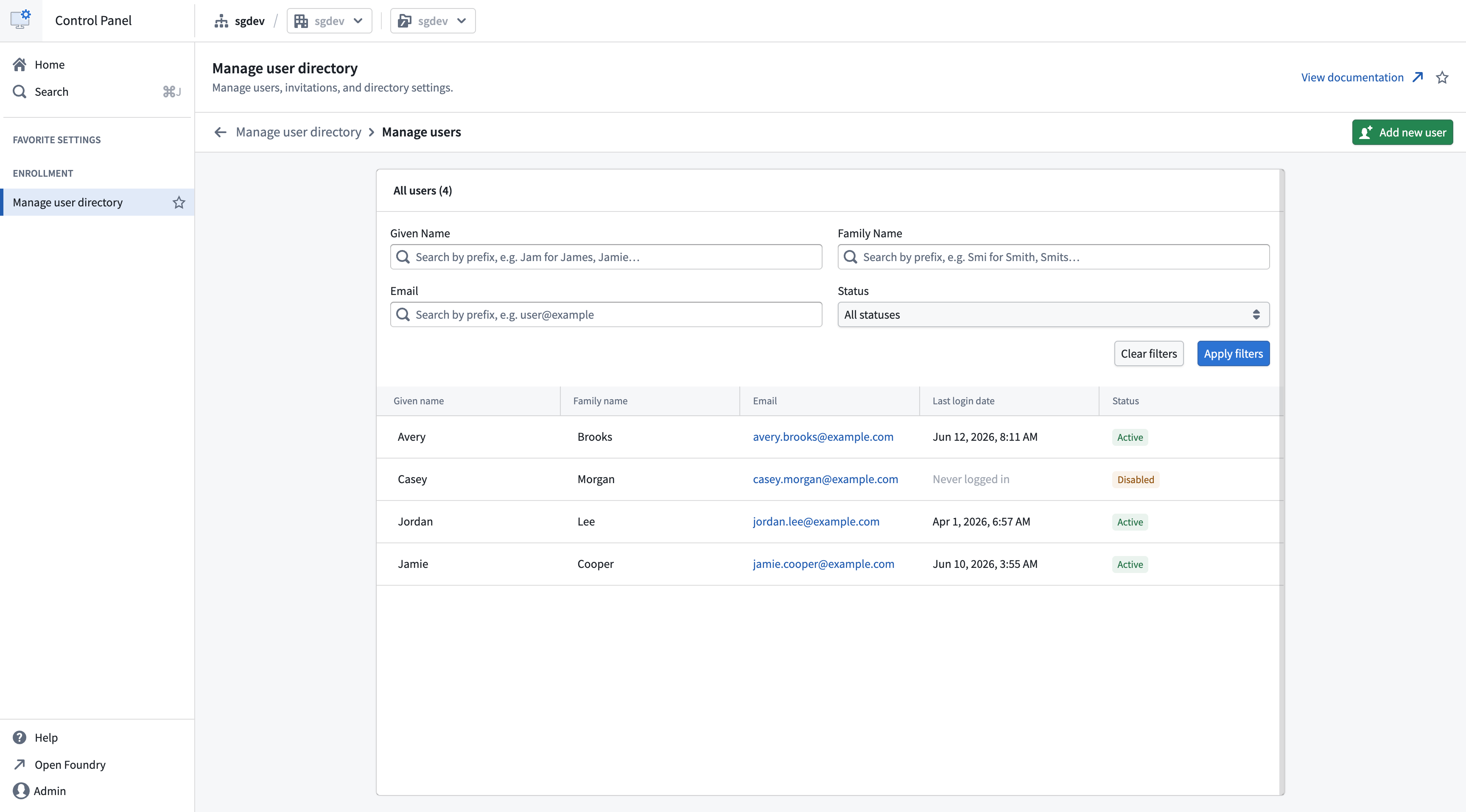 The Manage users page within Control Panel, ready to add a new user.