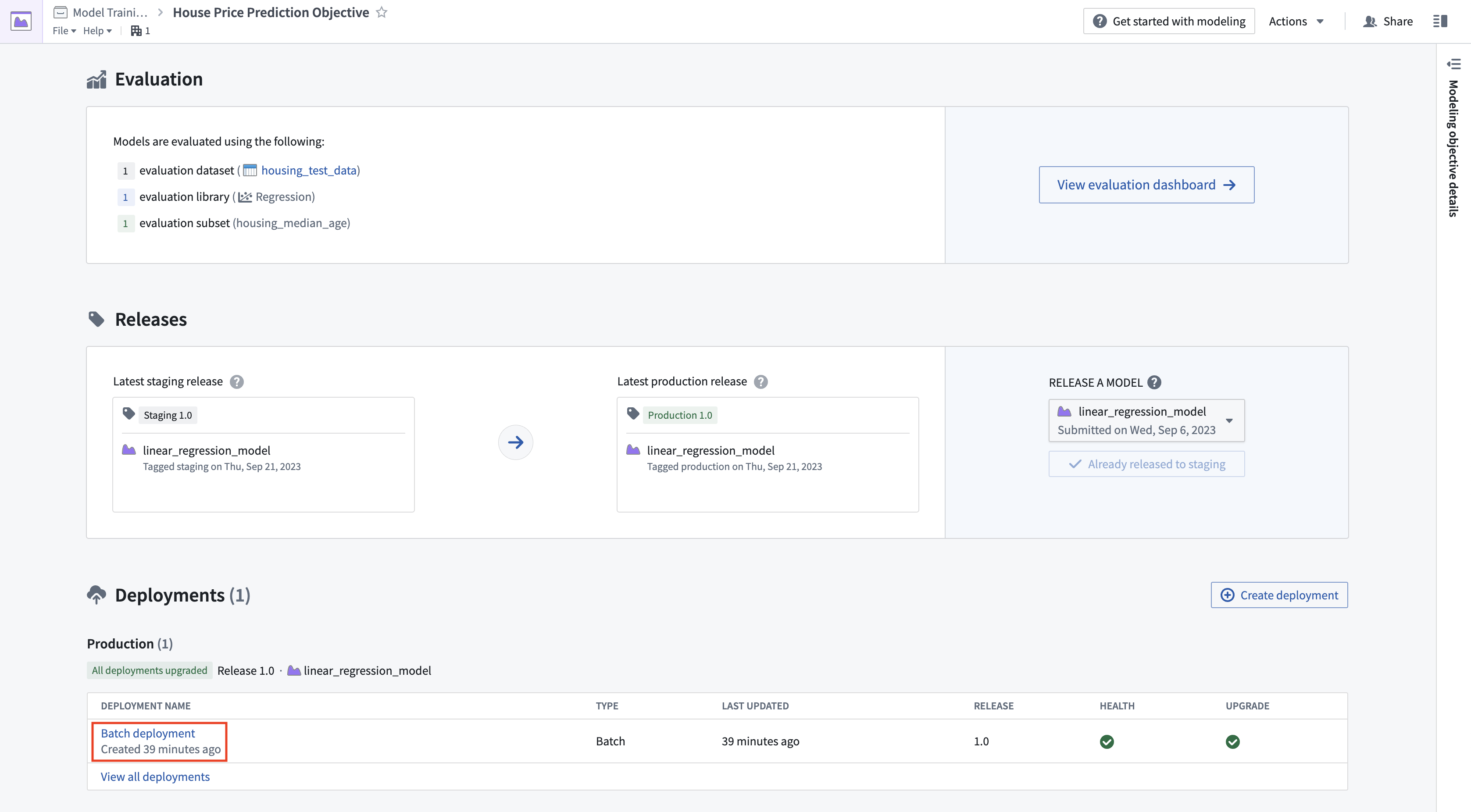 Open a batch deployment in a modeling objective