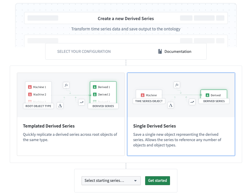 The first step of the derived series creation flow in Time Series Catalog allowing you to choose a derived series type.
