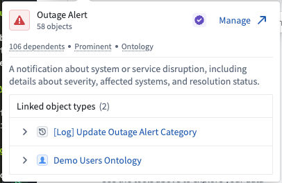The Manage button in the top right of the object type pop-up card provides a link to Ontology Manager.