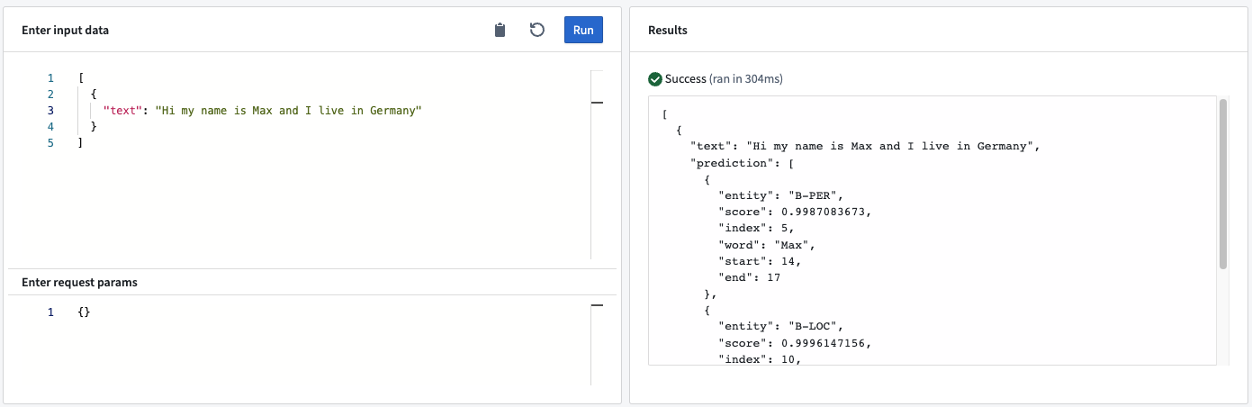 Example named entity recognition query in a live deployment