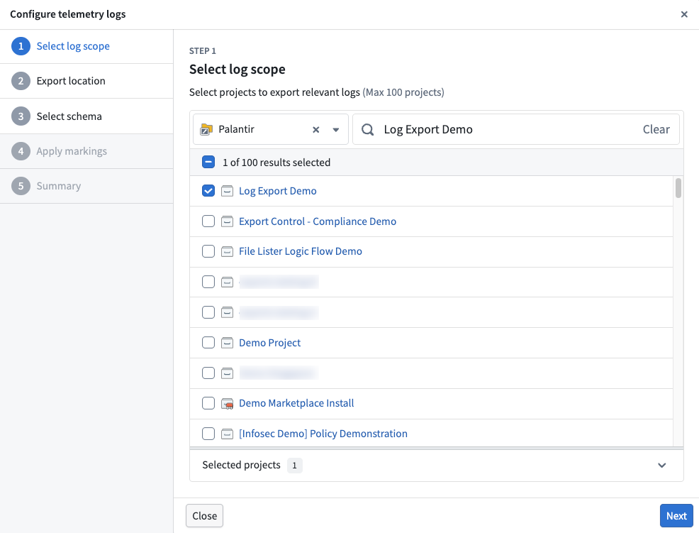 The log scope selection interface showing a list of projects to select for log export.