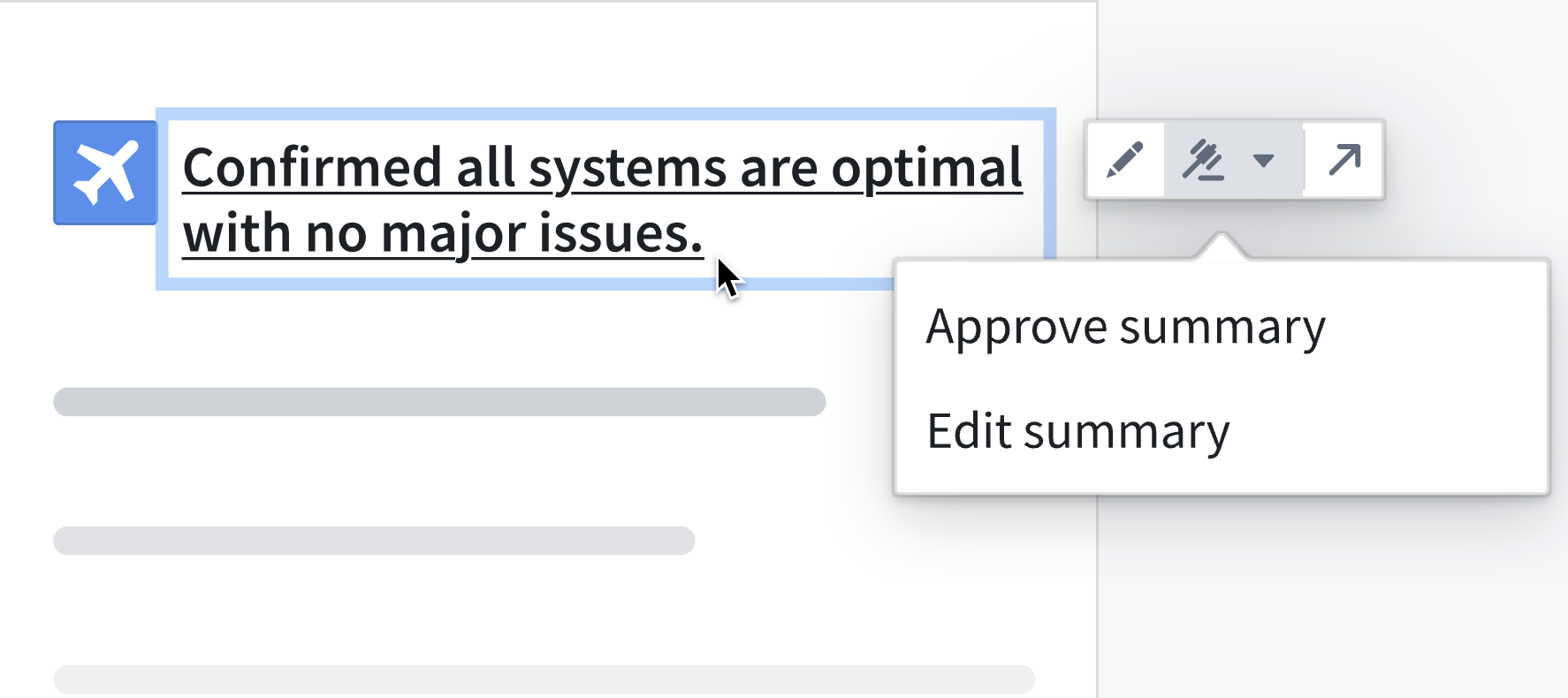 An object property widget with the option to edit or approve a summary.