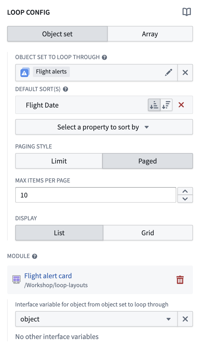 Loop layout configuration panel in Workshop with object set option selected.