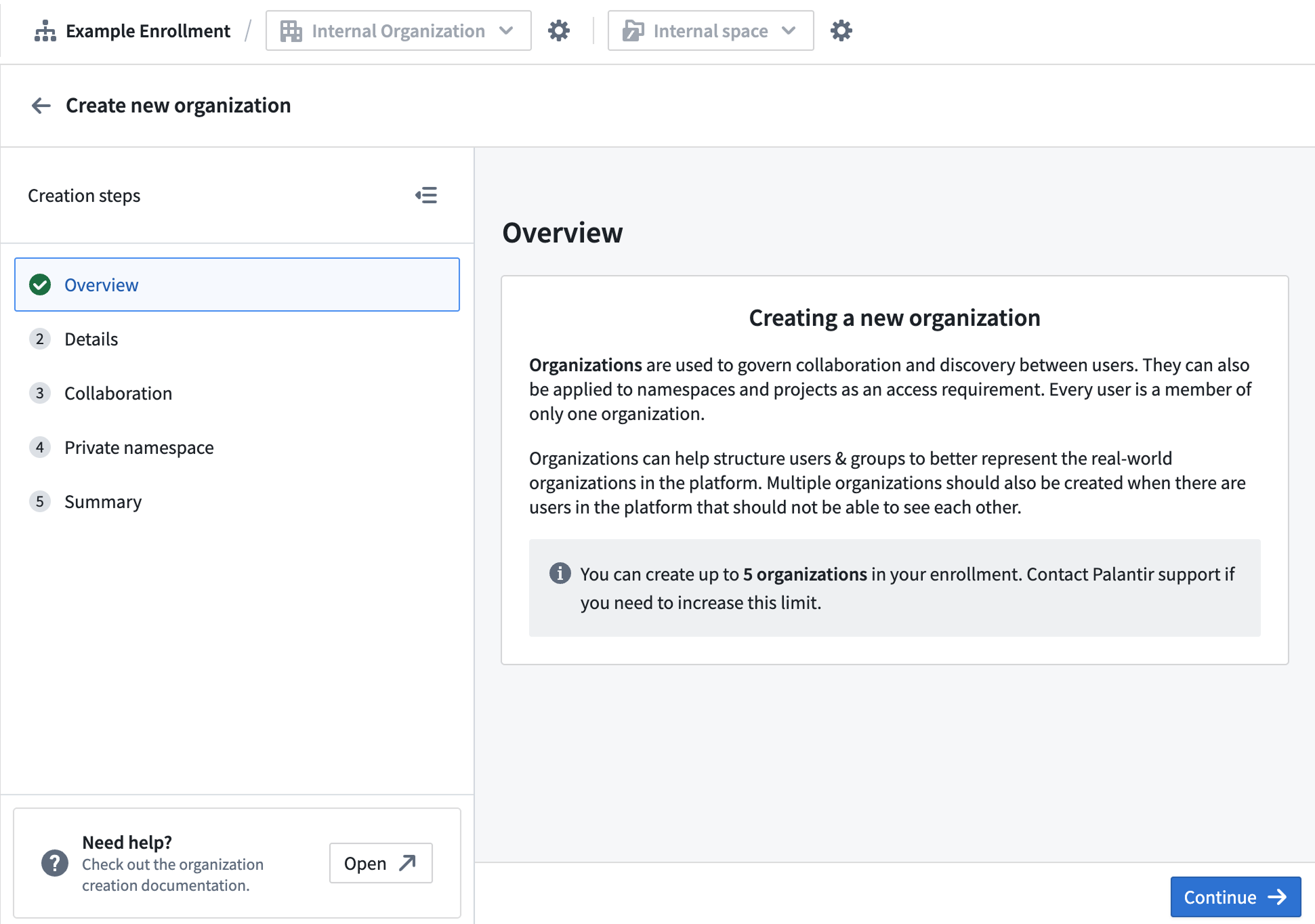 The Organization management extension showing the first step within the create organization helper.