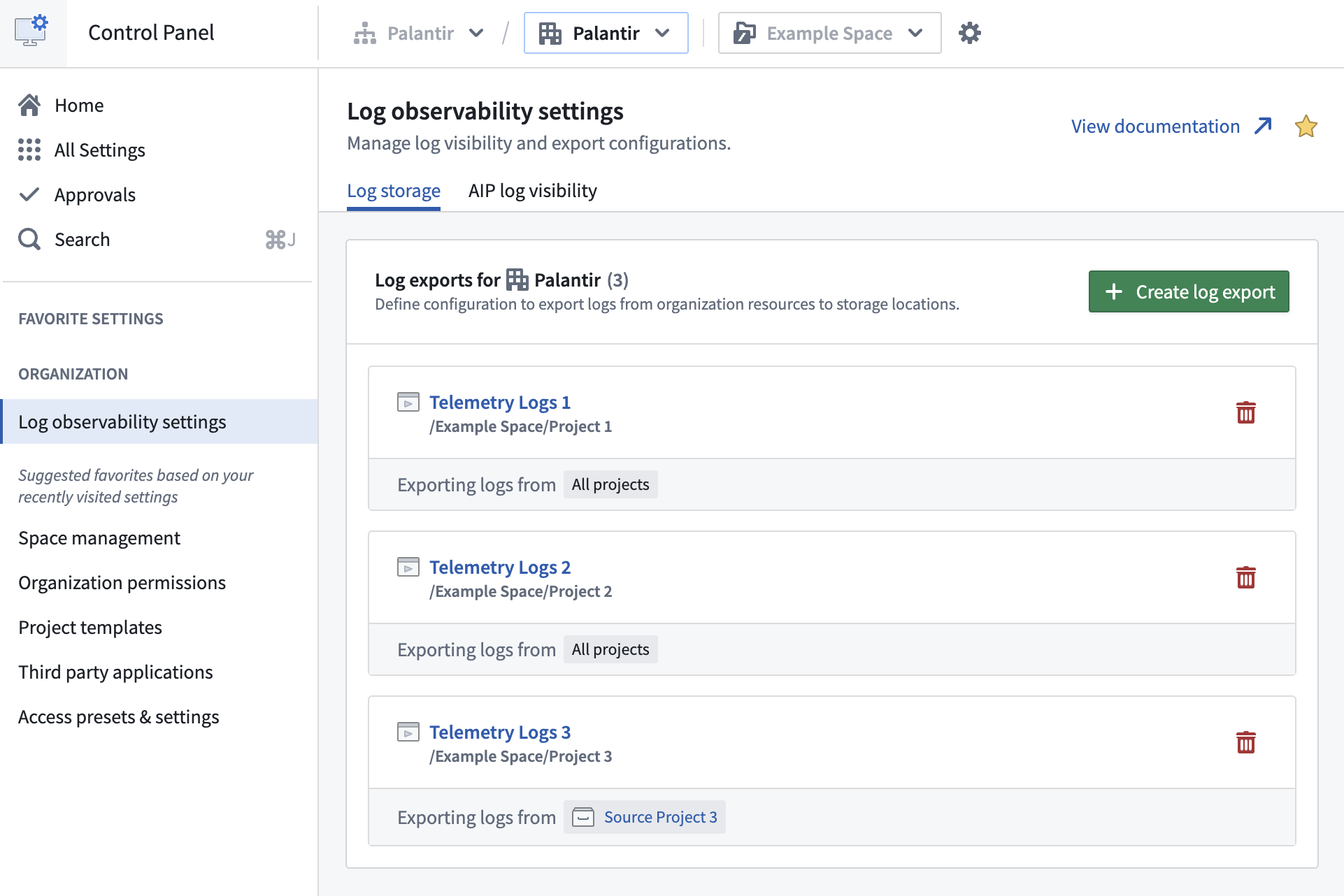 The log export configurations page displaying existing configurations and a button to create new exports.
