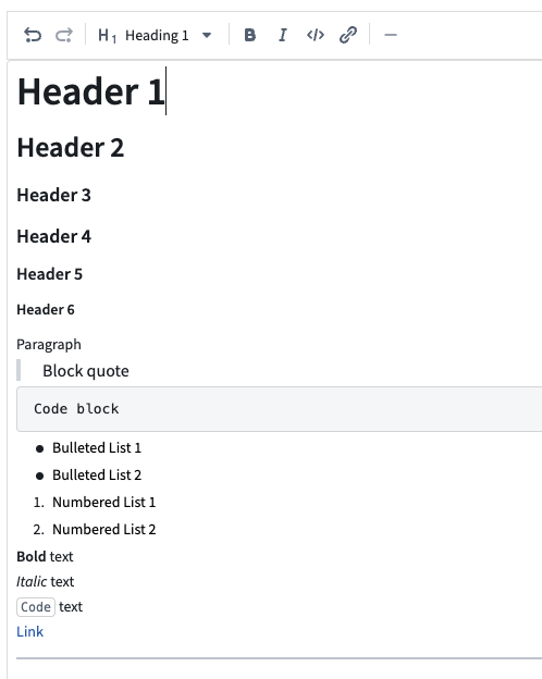 Text input widget in rich text mode showing the formatting toolbar and formatted text.