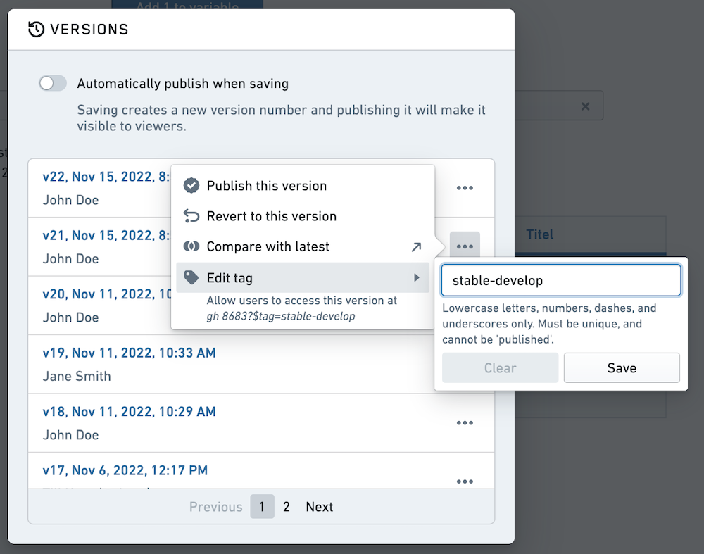 Version dialog tagging