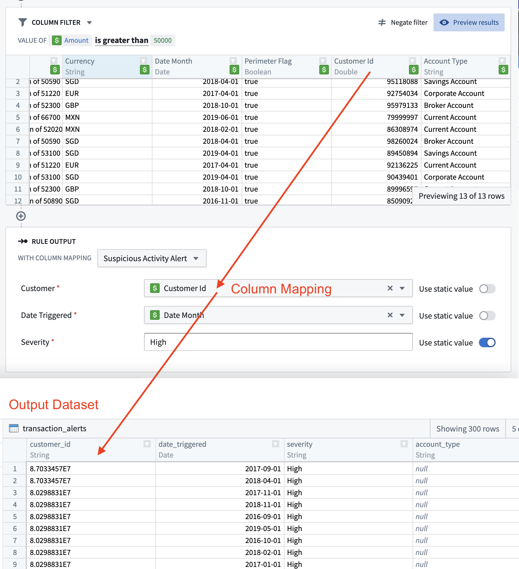 Configured rule Action with corresponding output dataset