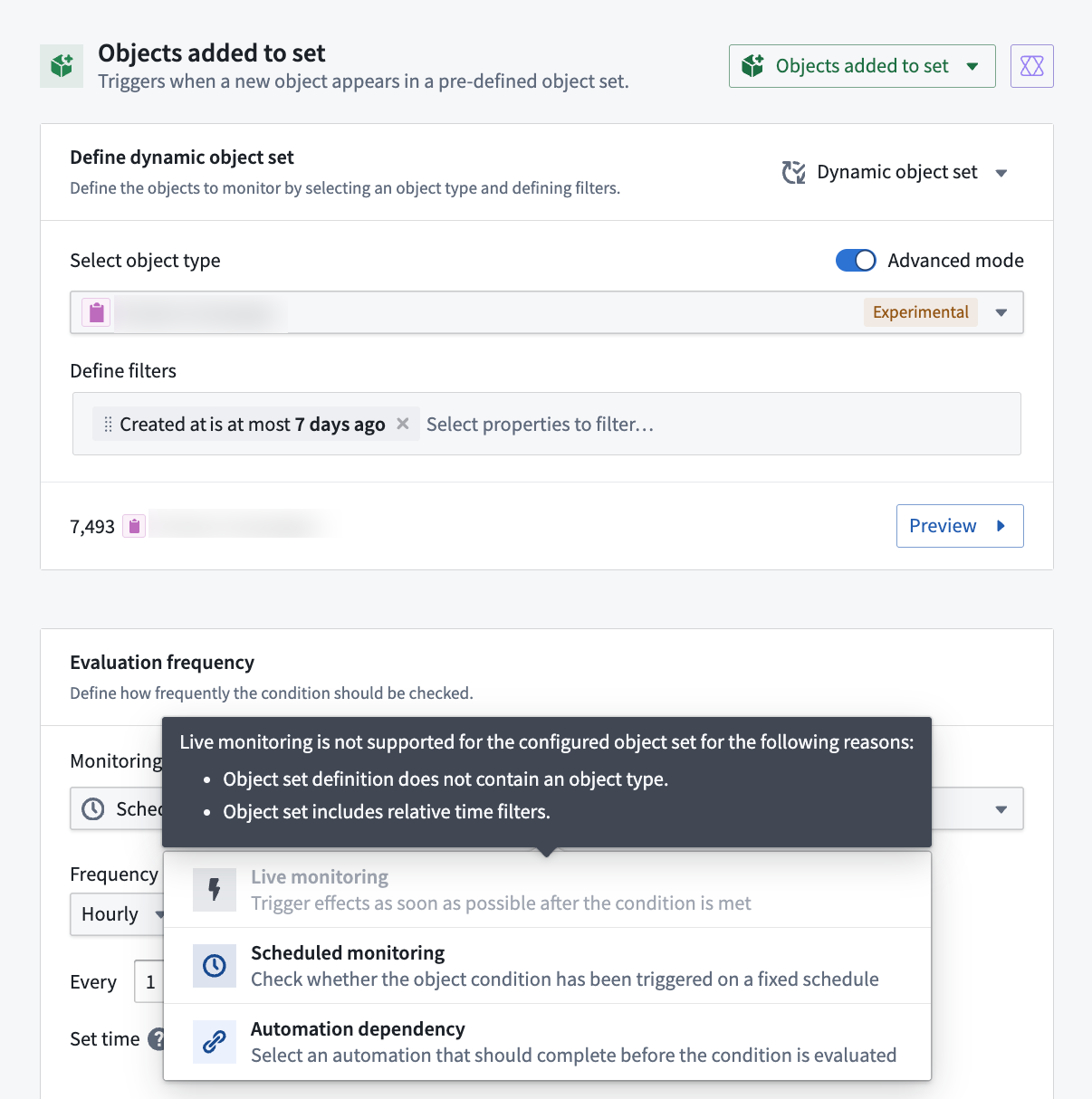 The Automate interface displaying the reason why a condition cannot support live monitoring.