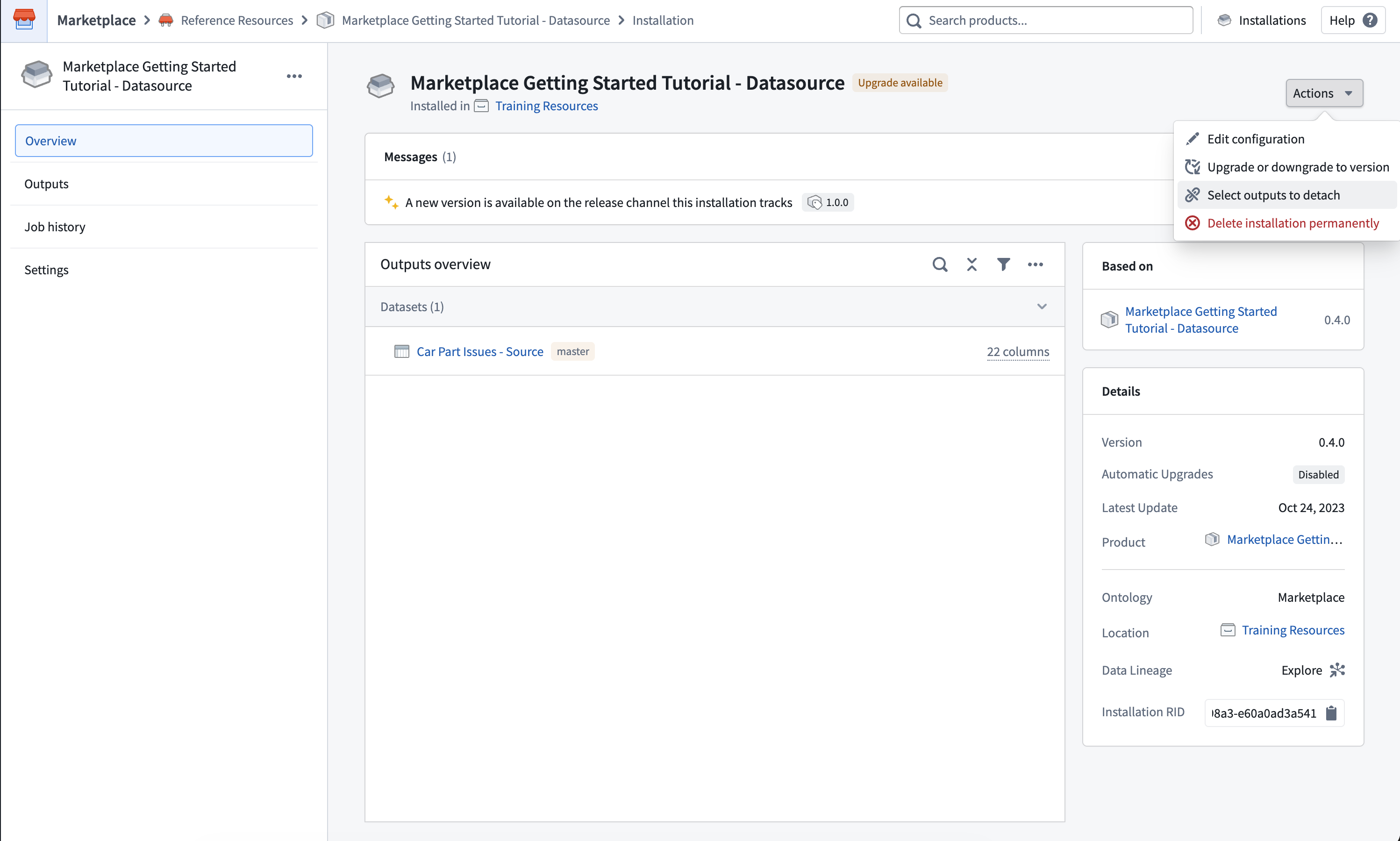 Screenshot showing the detach option in the installation page.