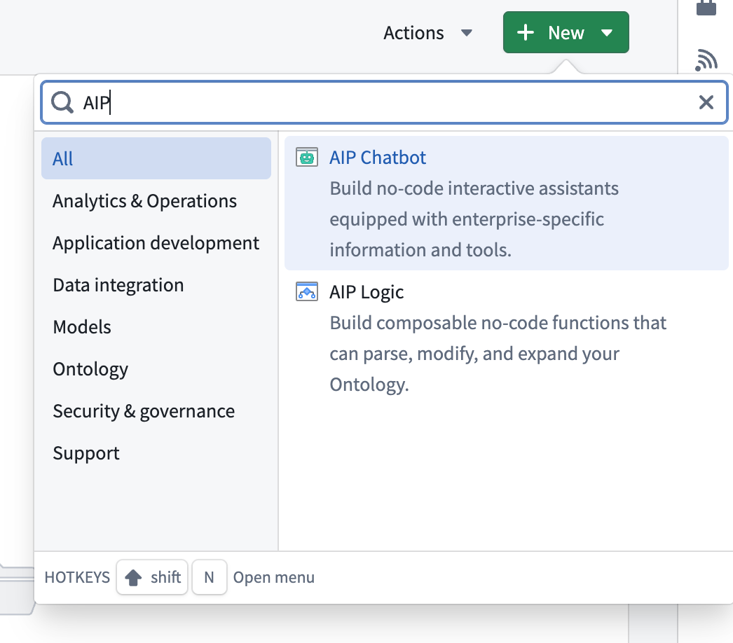 Create new AIP Chatbot window.