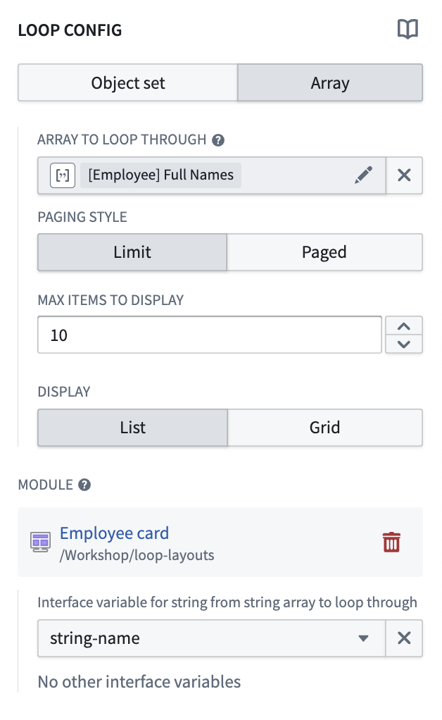 Loop layout configuration panel in Workshop with array option selected.