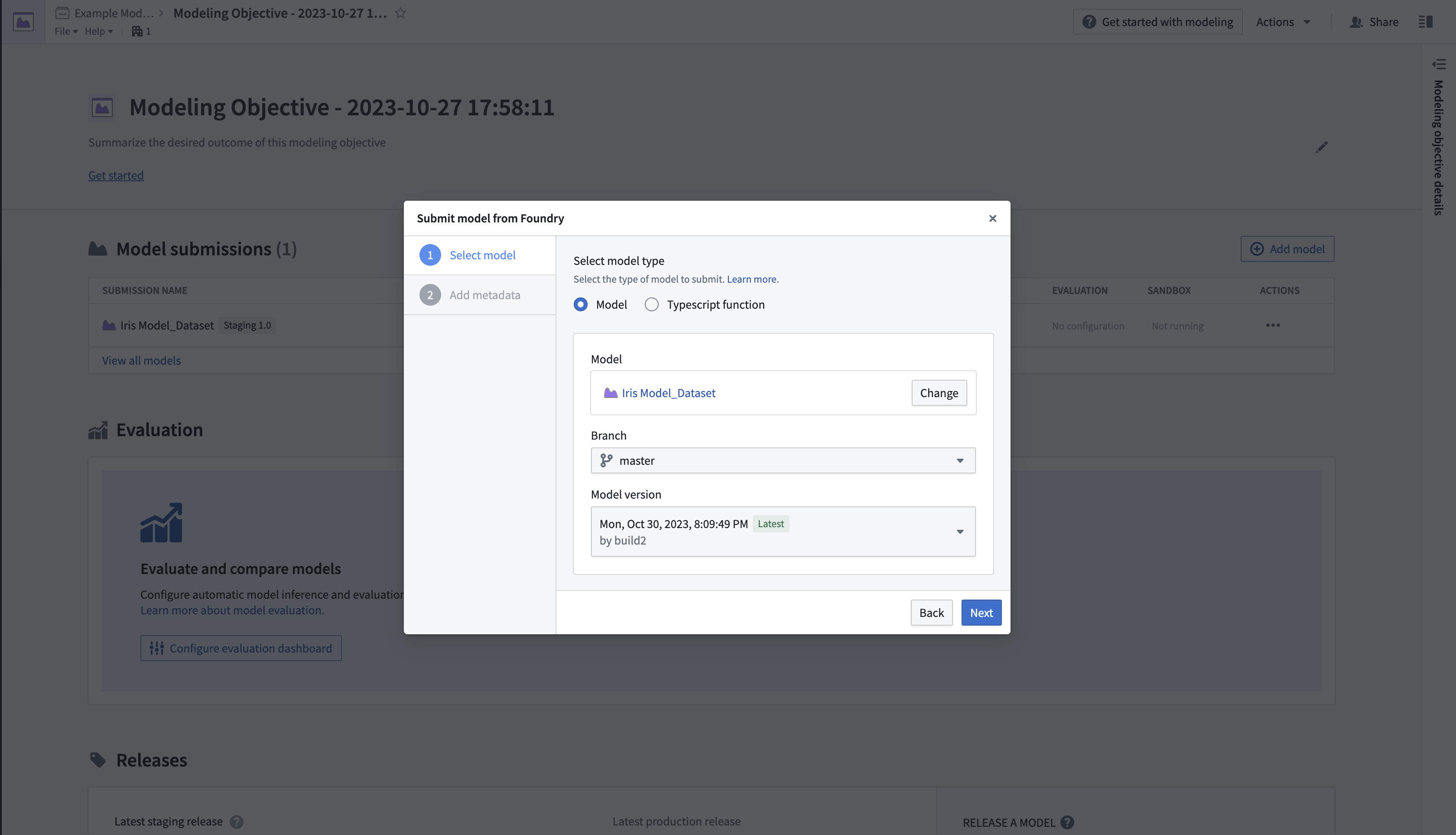A pop-up dialog to select a model to submit to the platform.