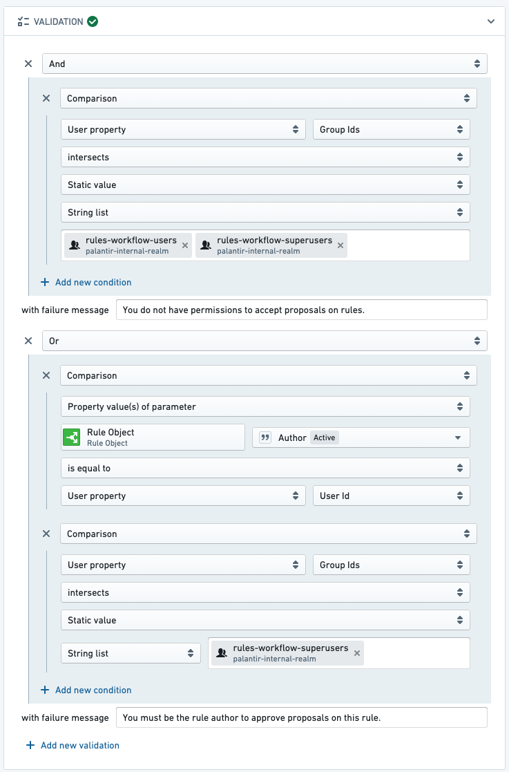 Action validation where you must first be in a users or superusers group AND either the rule author or a superuser