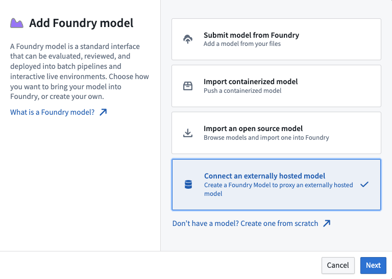 Select connect an externally hosted model in Palantir Foundry