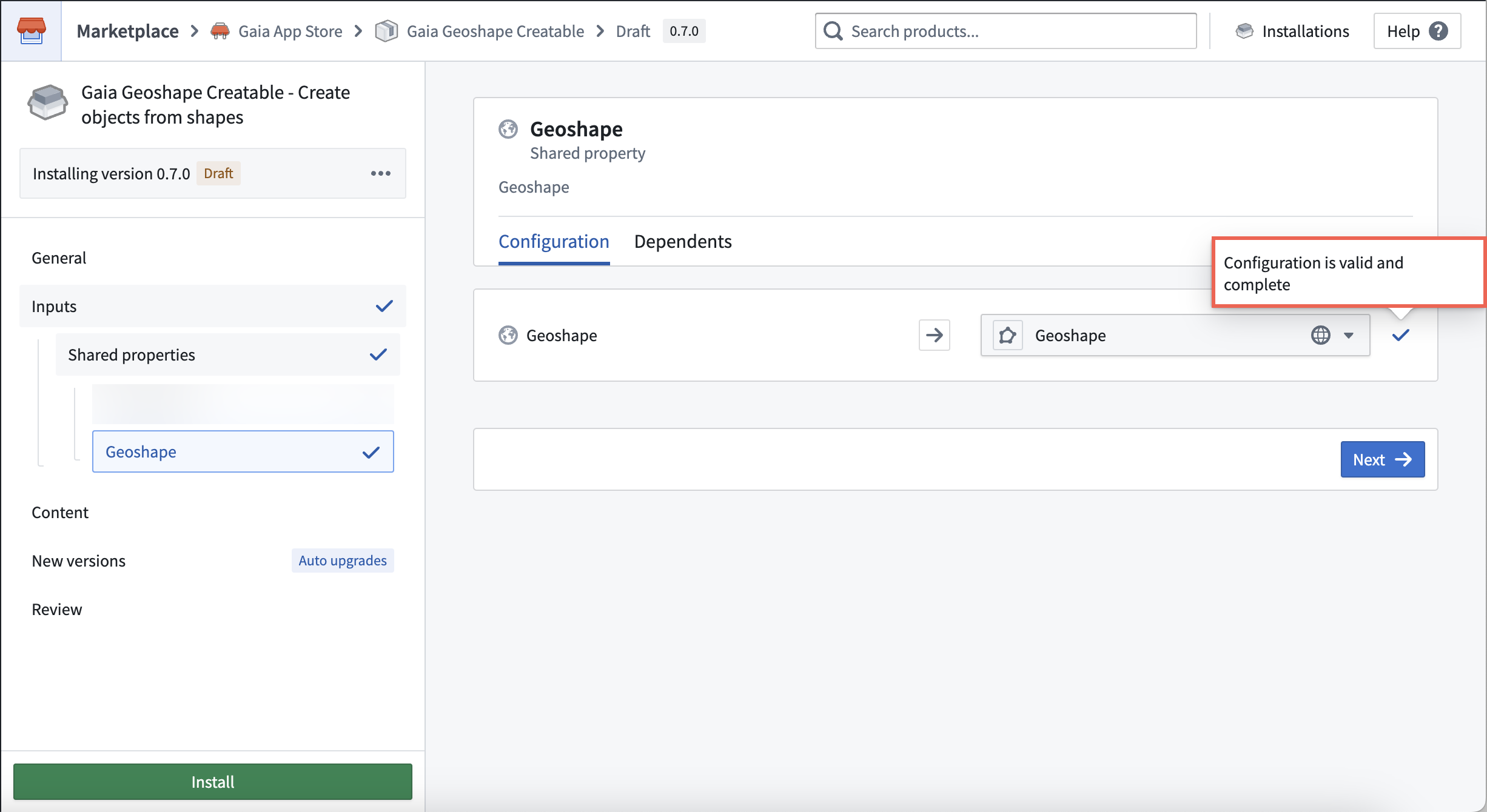 The Gaia Geoshape Creatable interface's Shared properties page is displayed, where a user configures shared properties to include in their interface.