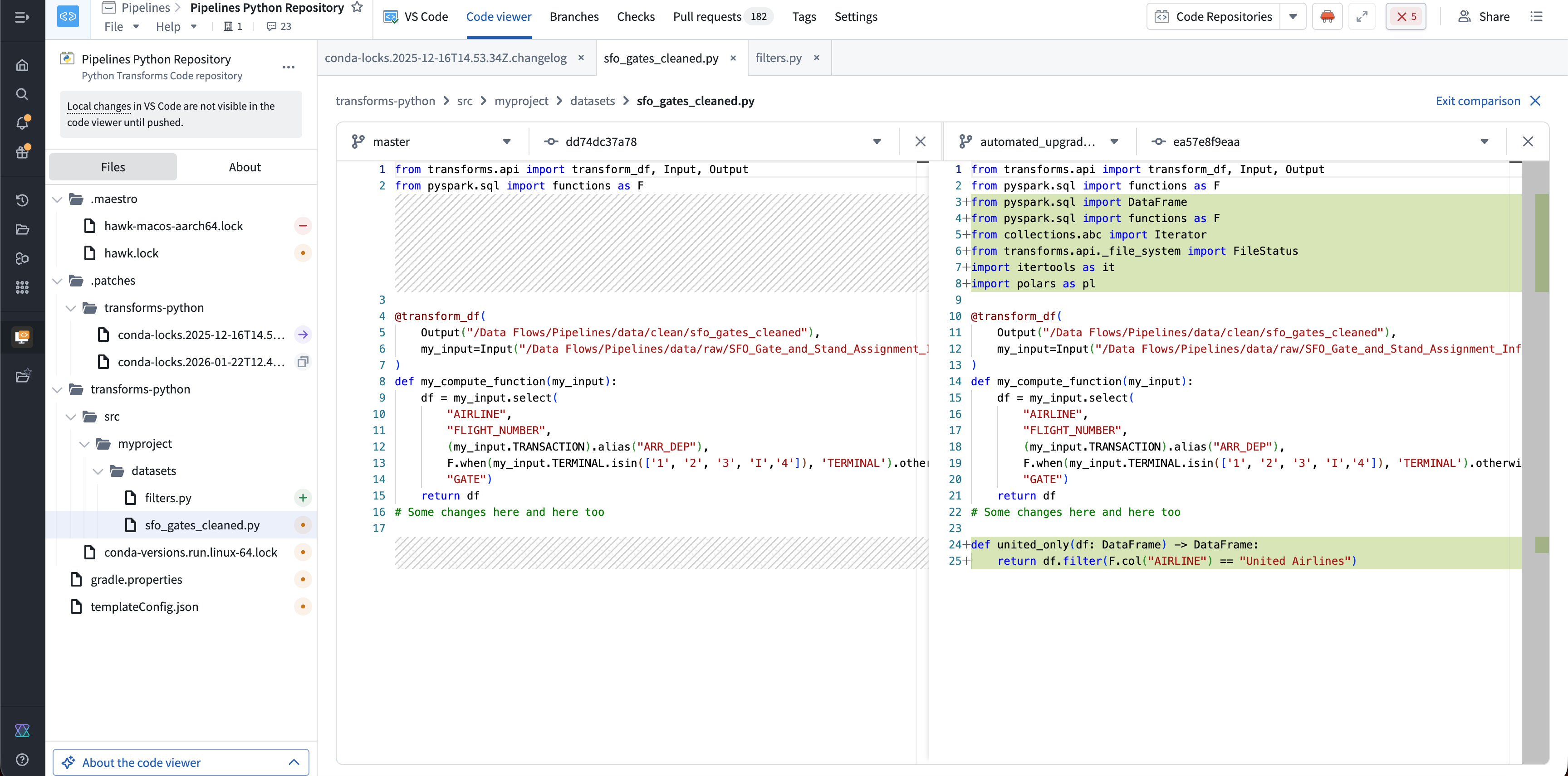 Compare two repository references in a side-by-side diff.