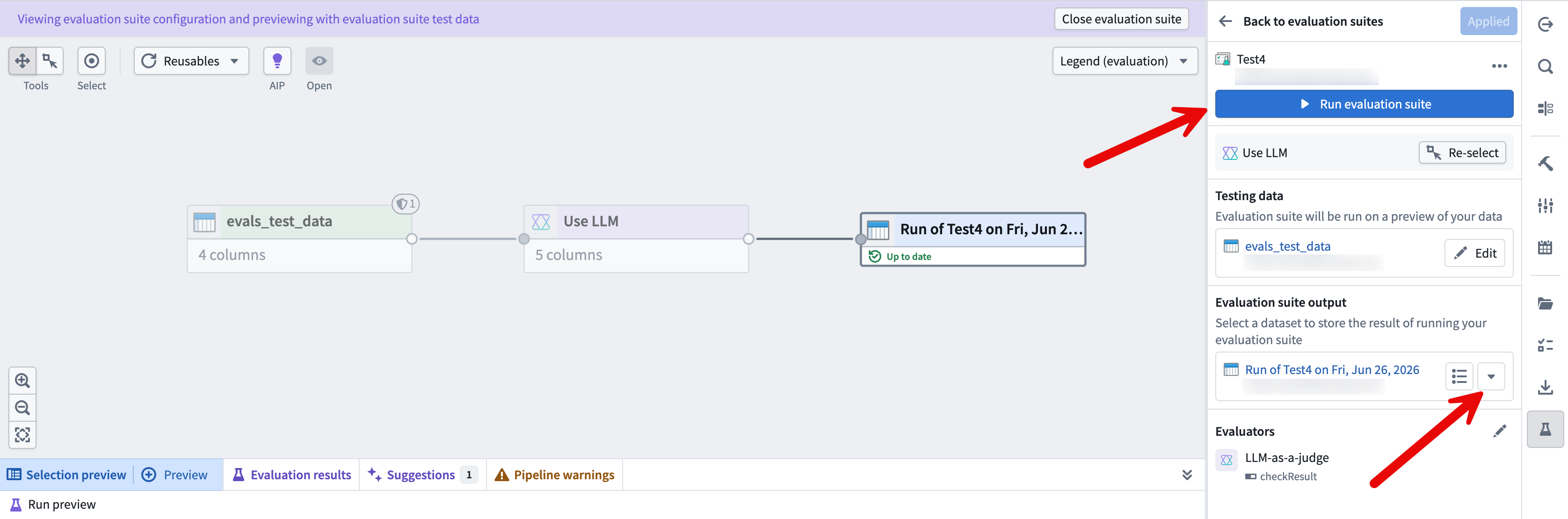 The Evaluation suite output field provides options to select an existing dataset or create a new one.