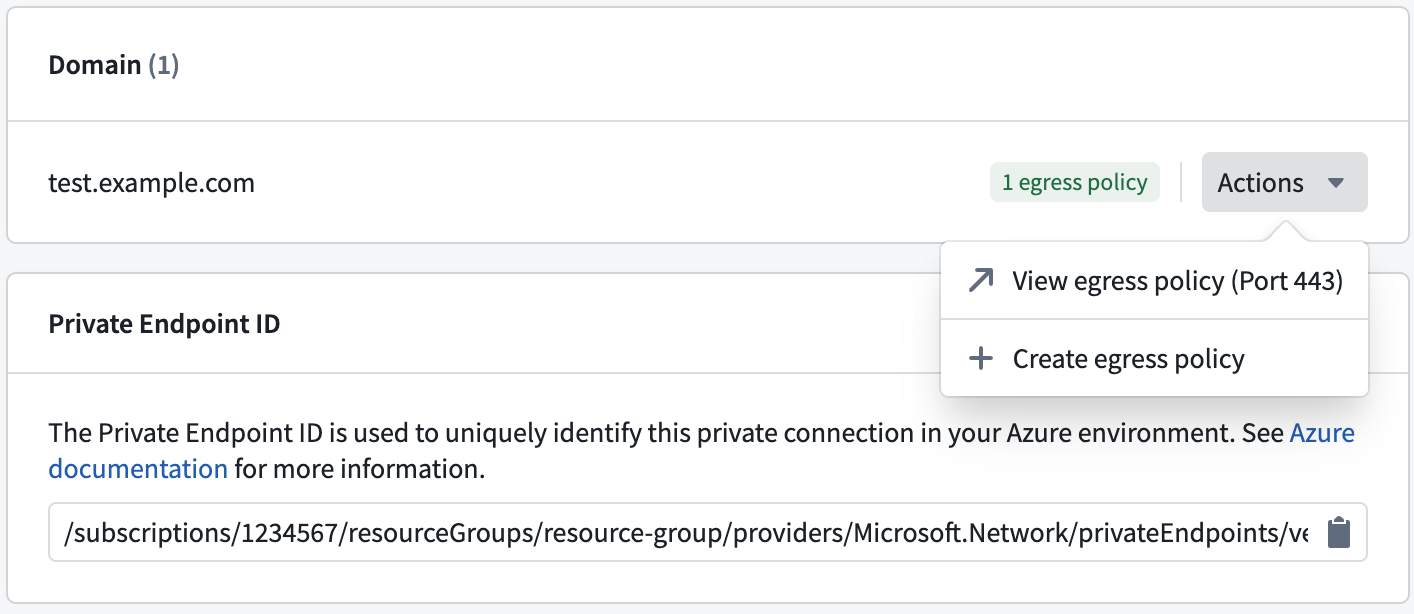 The Control Panel display of network egress policy settings in a private link for Azure.