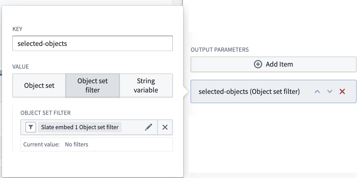 The Output parameter configuration menu, with options for Key and Value inputs.