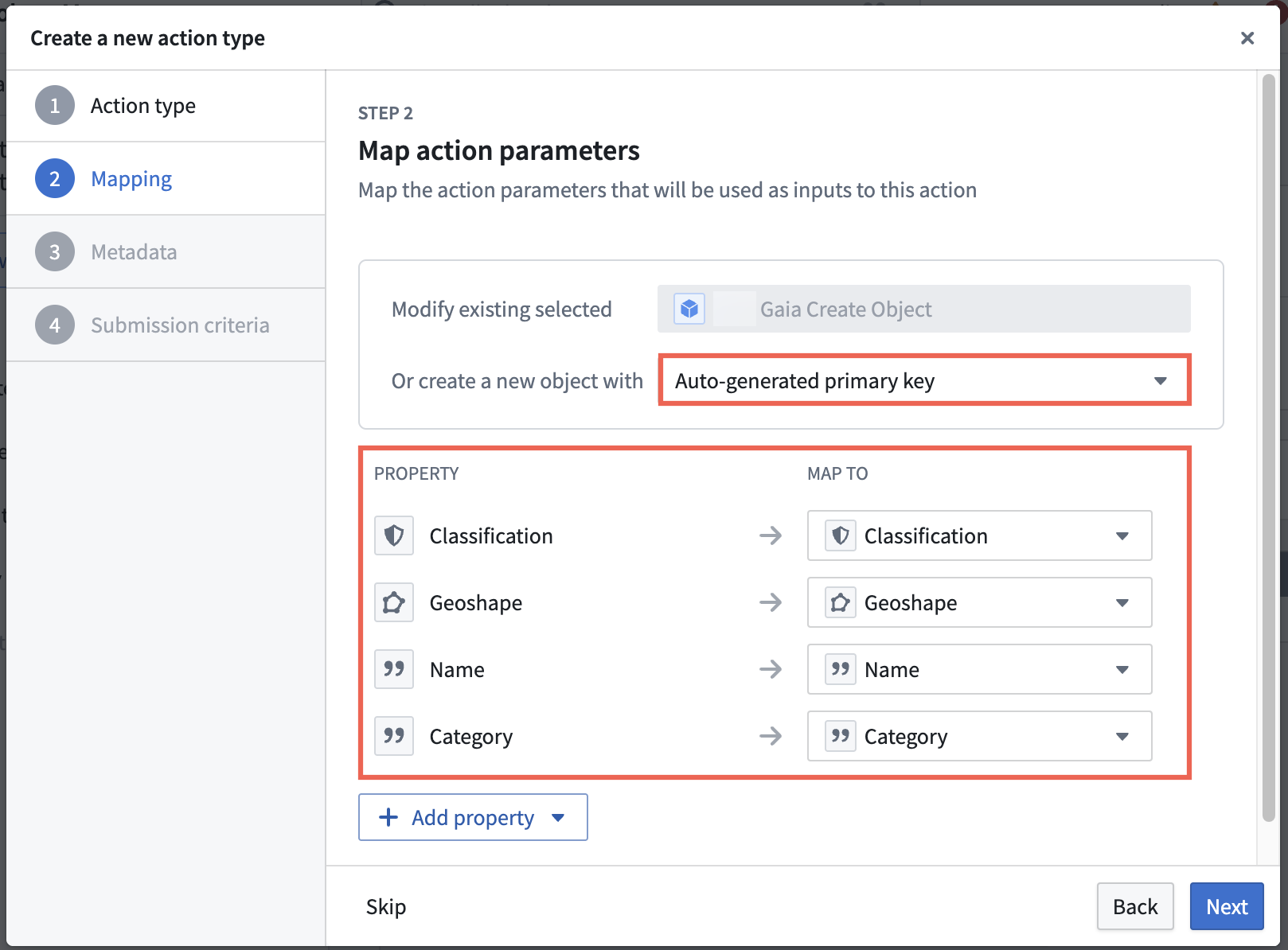 The Create a new action type window is displayed, where a user can map action parameters used as action inputs.