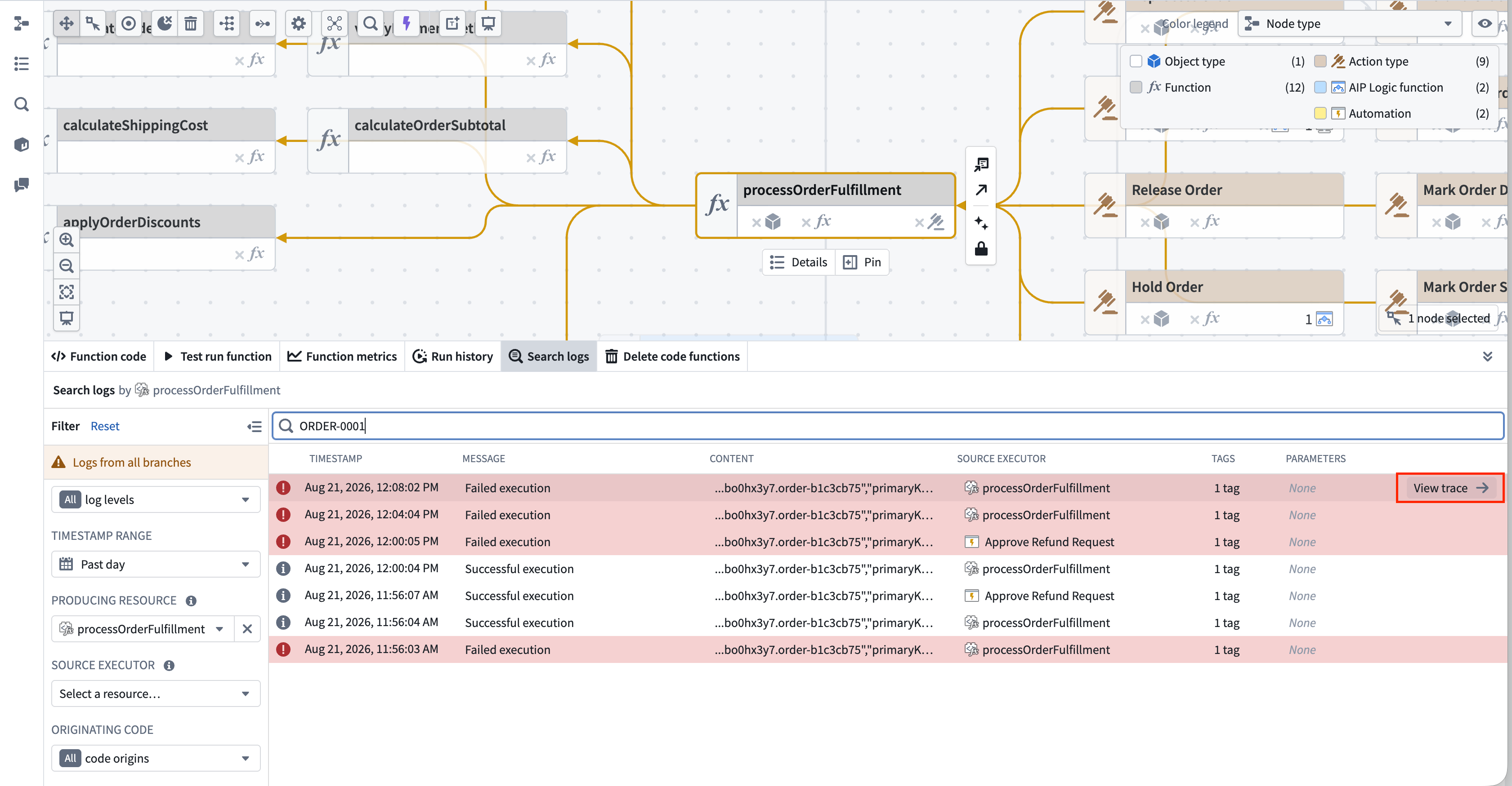 The View trace button appearing on hover at the right side of a log row.