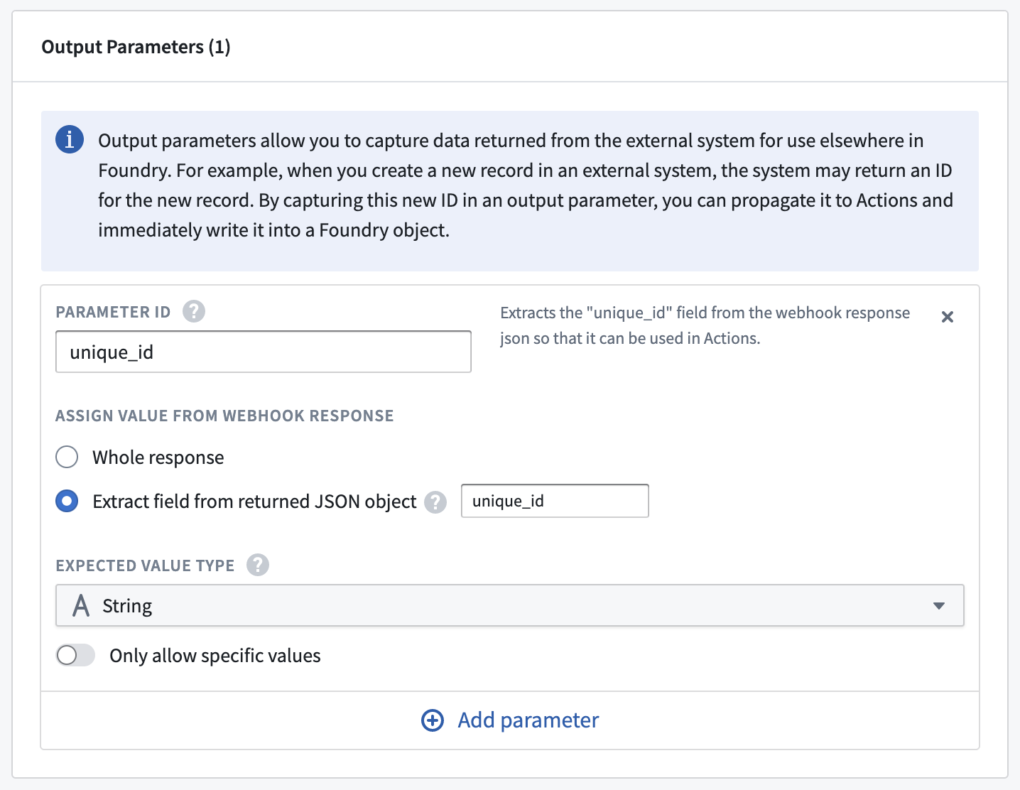 Webhook output parameter for unique identifier returned from external system