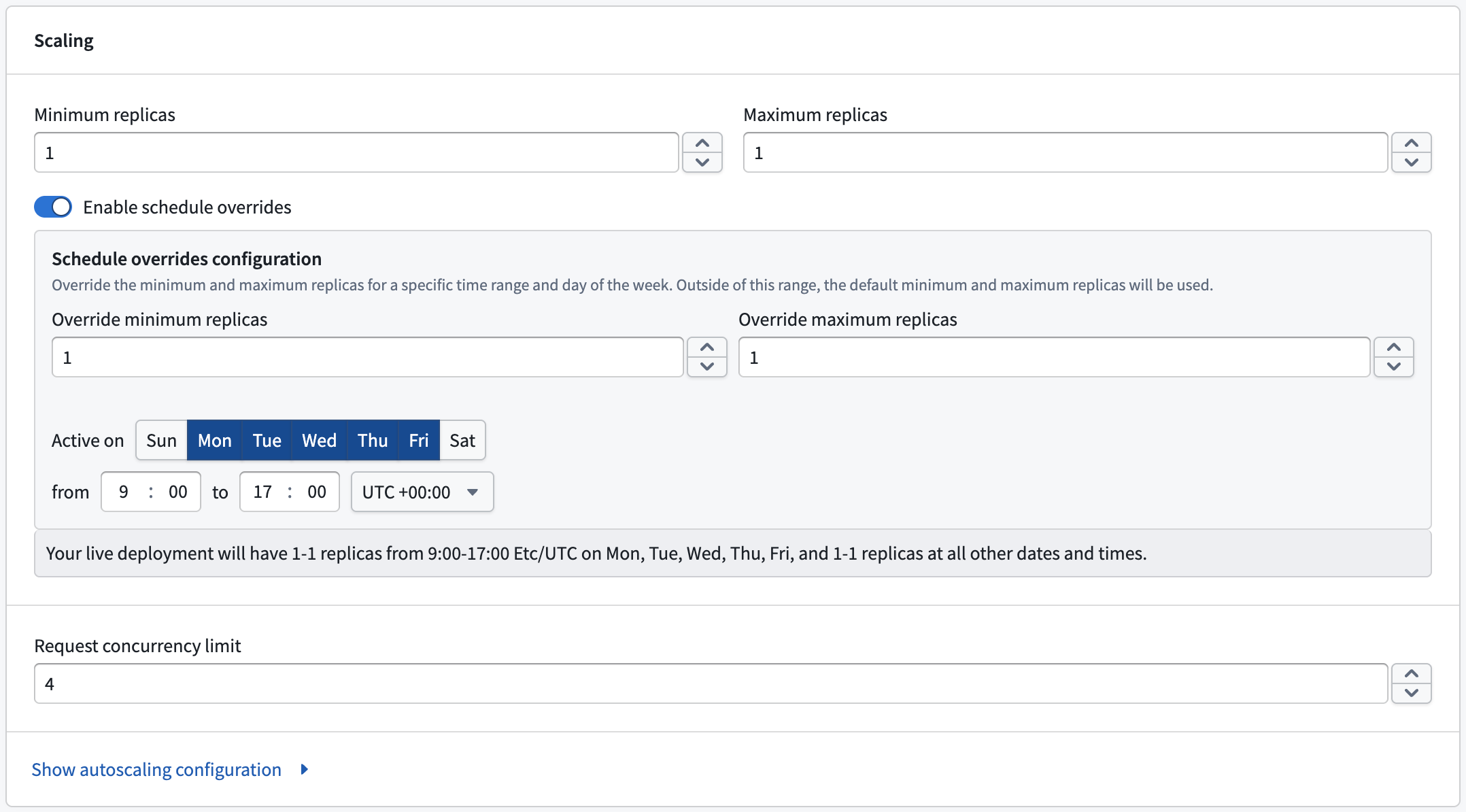Configure schedule overrides in the Scaling section.