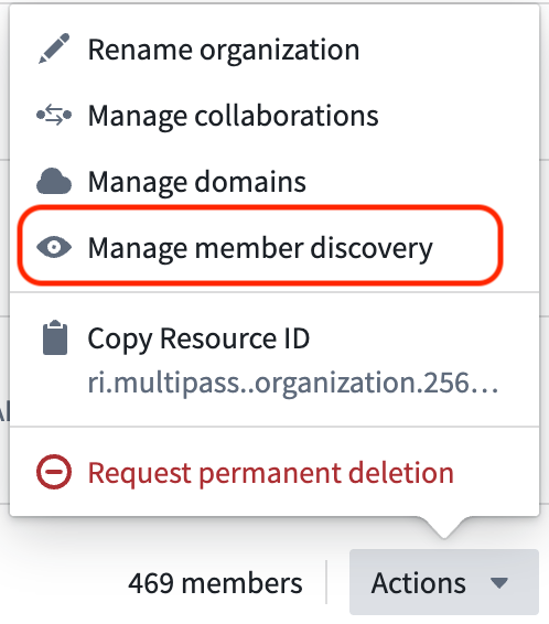 The organization management actions menu.