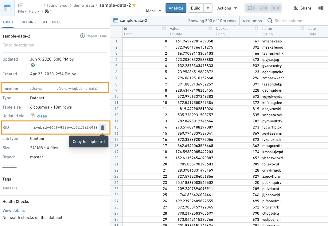 Dataset RID and location in sidebar