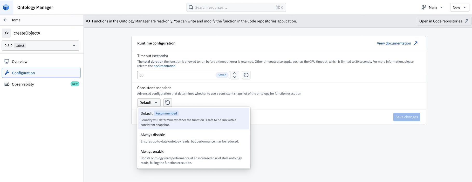 Manage function runtime configurations in Ontology Manager