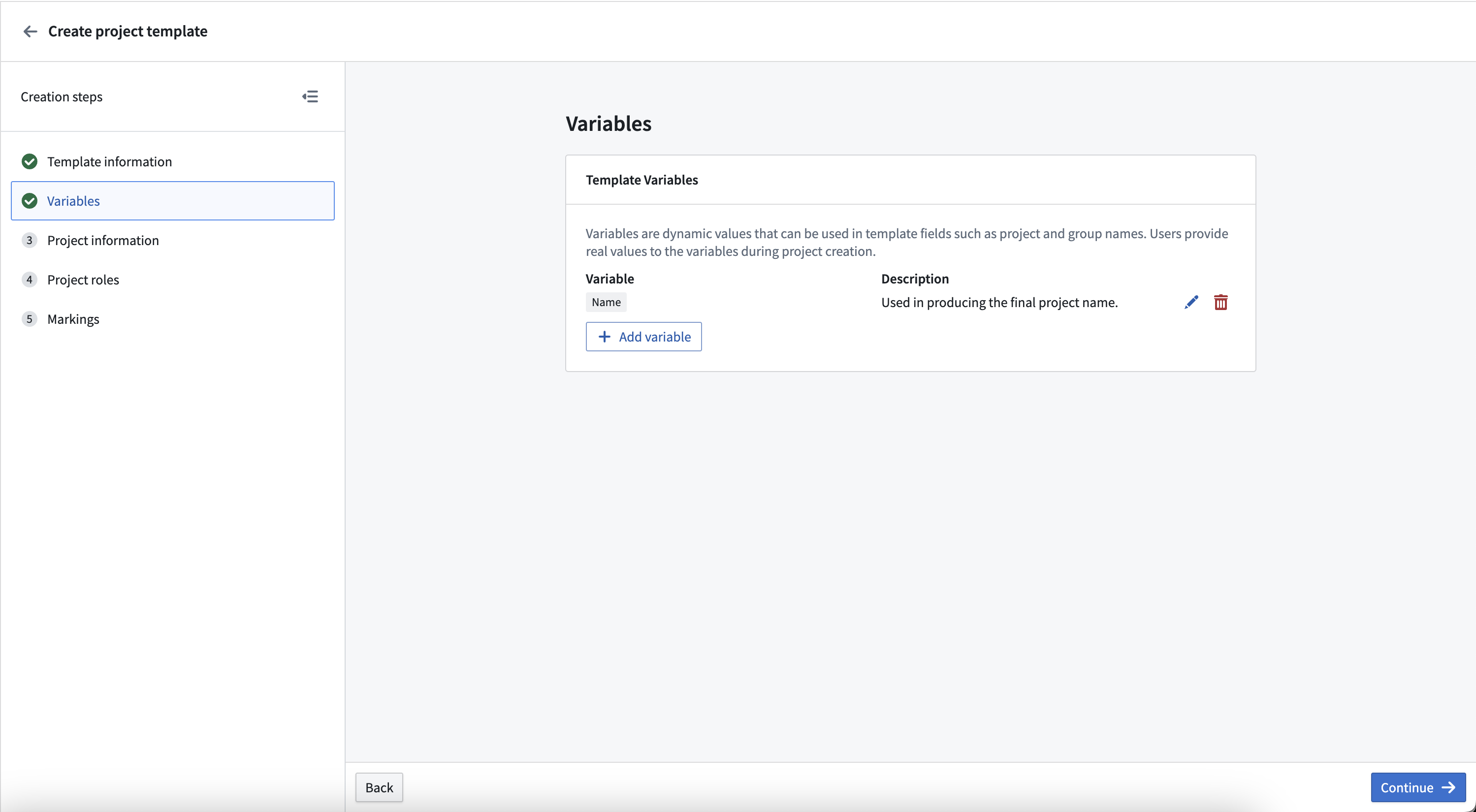 The "Variables" section during template creation.