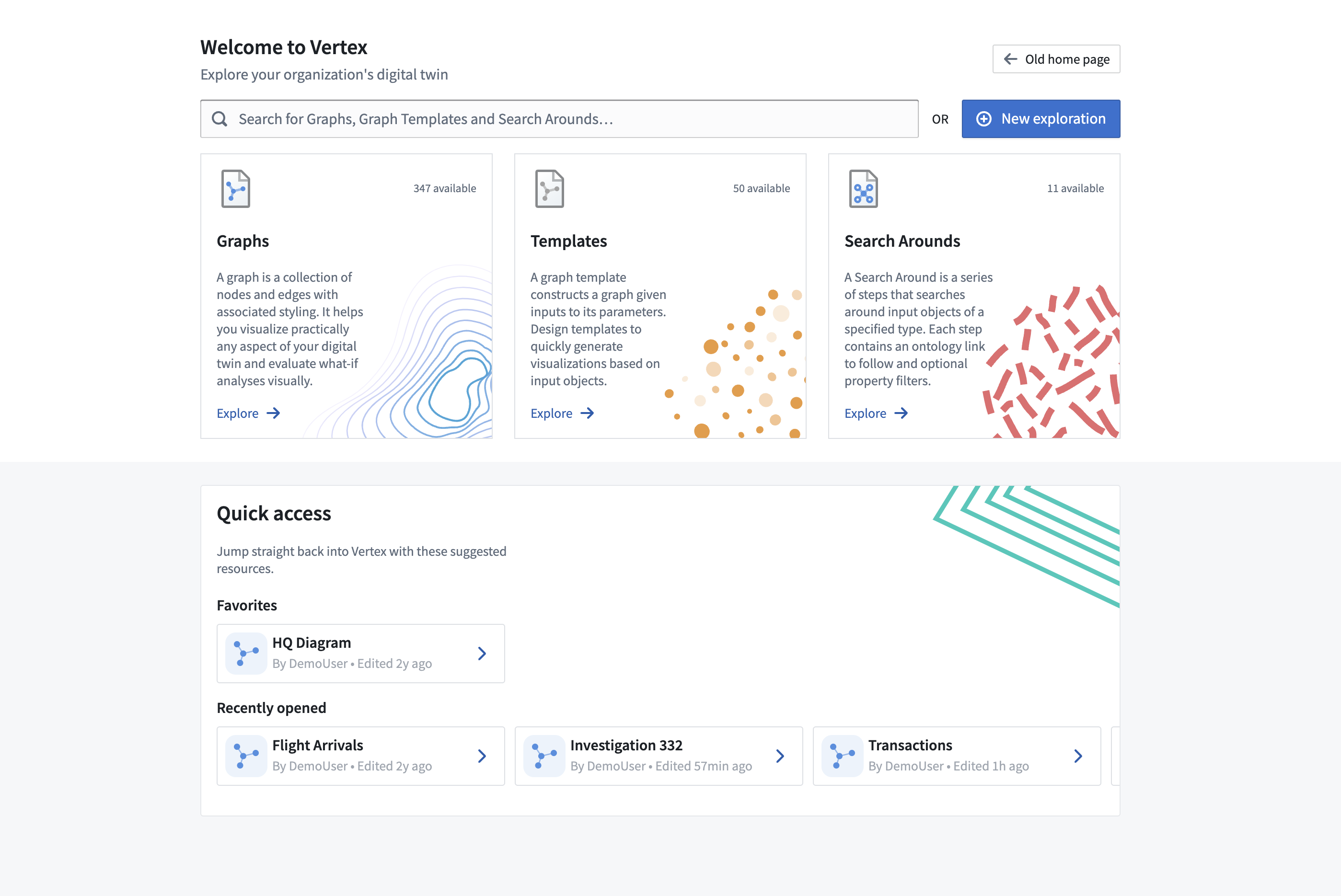 A screenshot of the new Vertex home page, featuring search across graphs and templates, recently opened graphs, and favorite graphs.