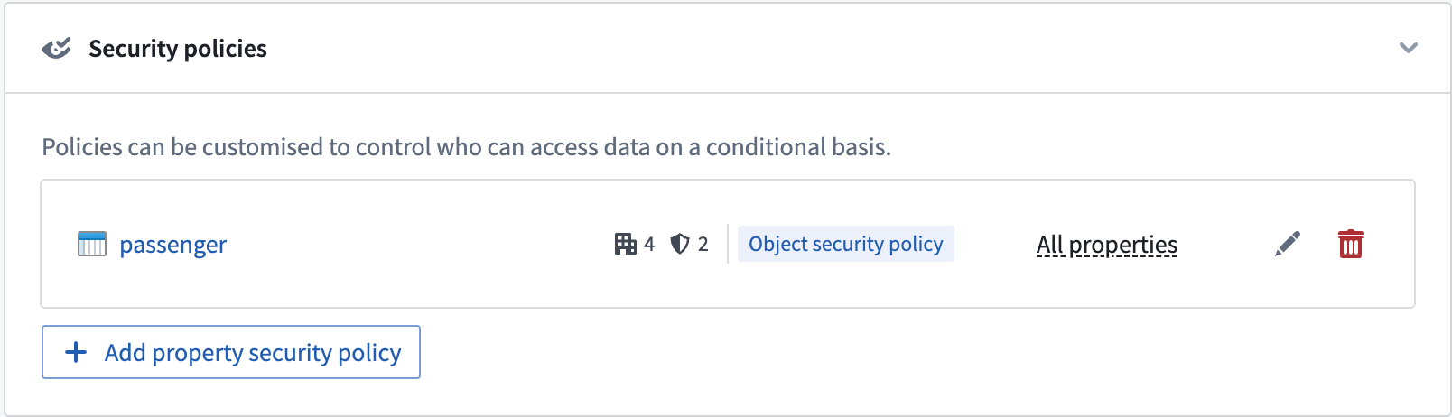 The option to add a property security policy in the "Security policies" section.