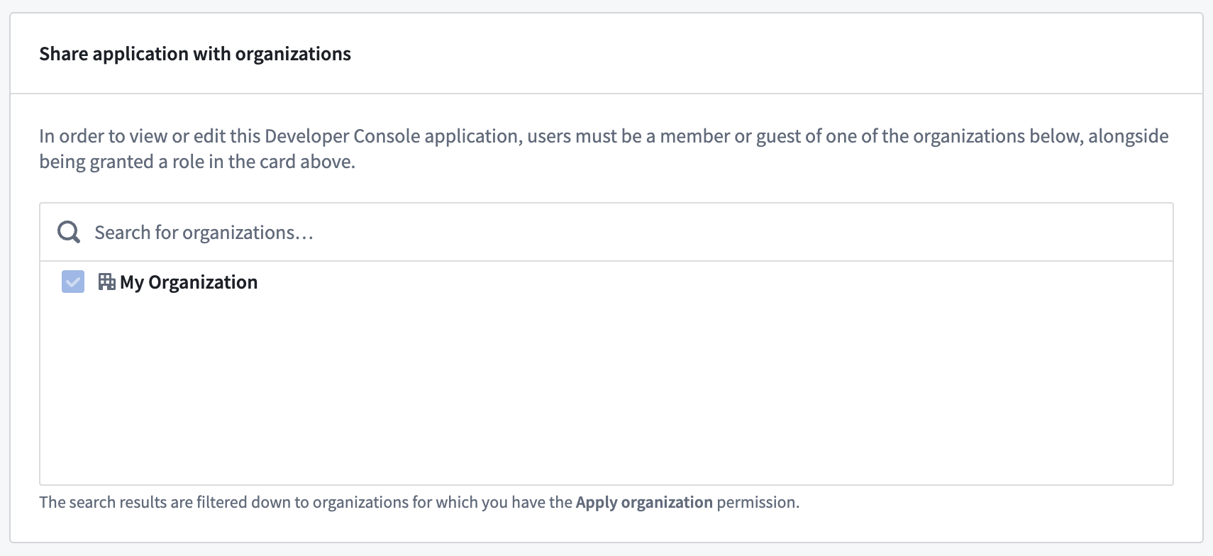 The Share application with organizations interface in Developer Console, with the Palantir organization added.