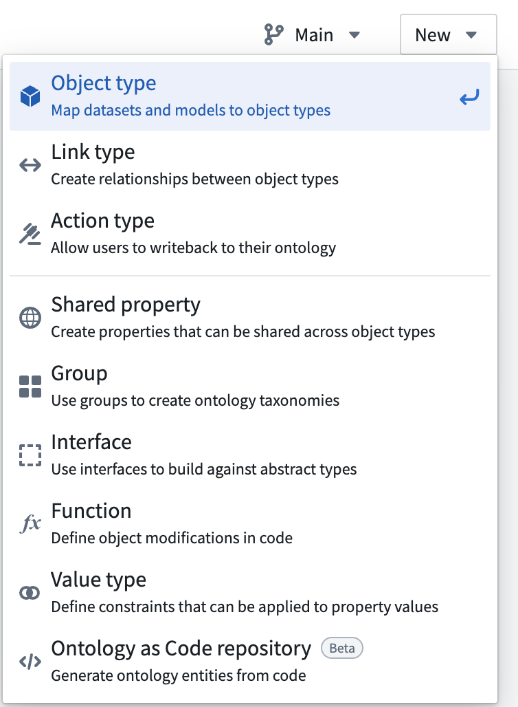 Select object type from the New dropdown menu.