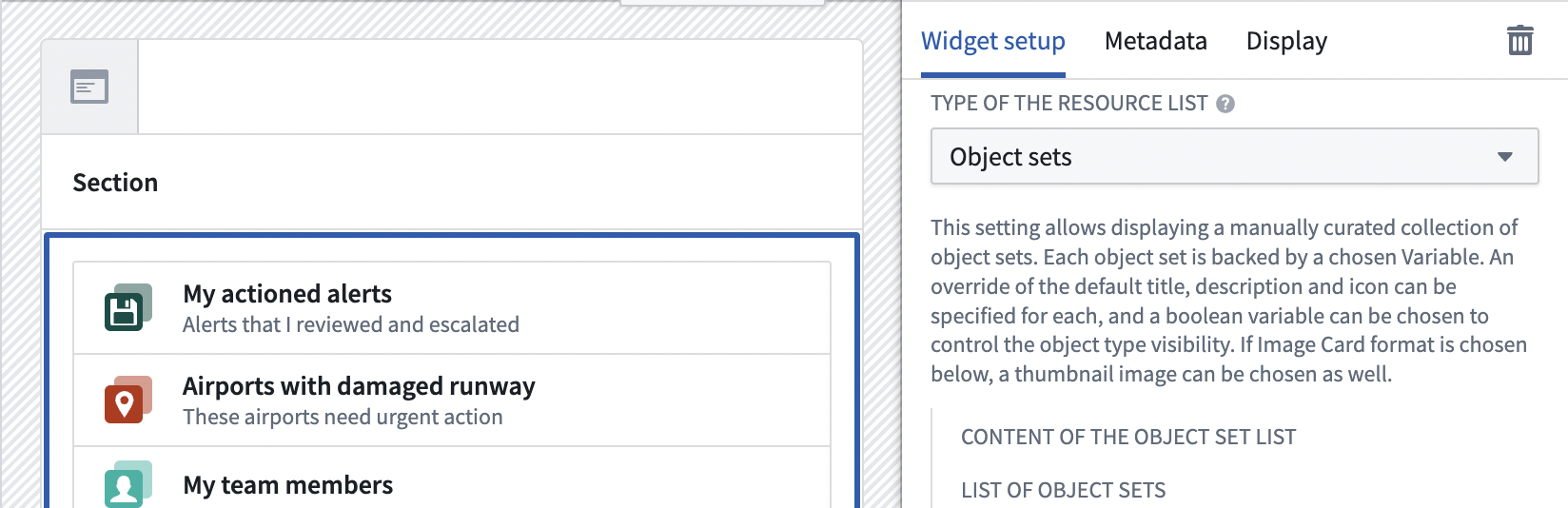 The object sets resources setup menu