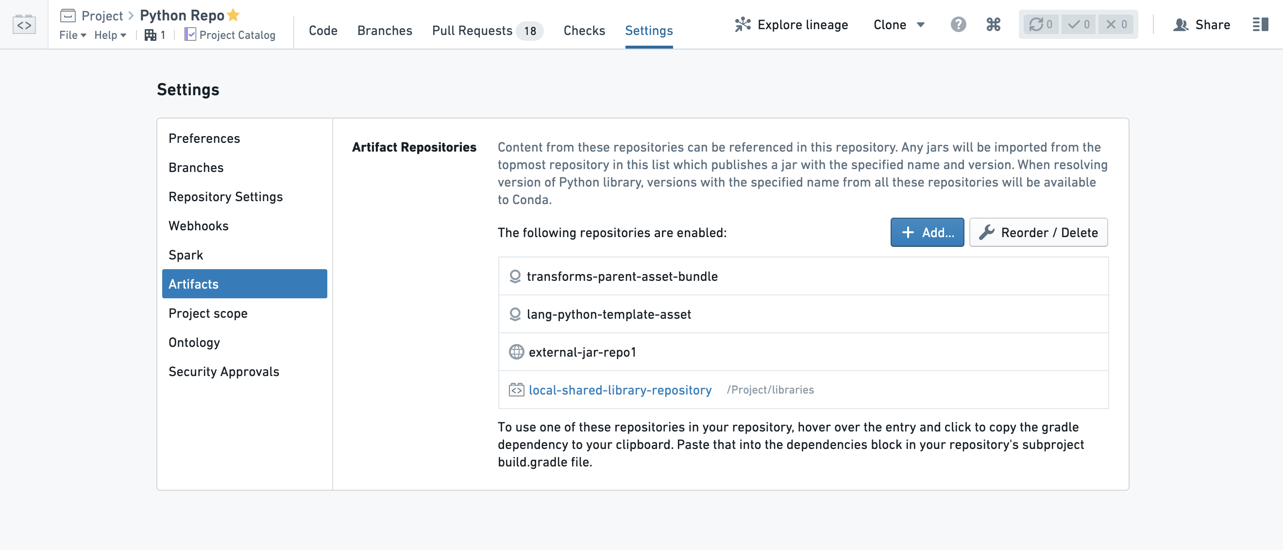 Screenshot of the repository settings Artifacts tab