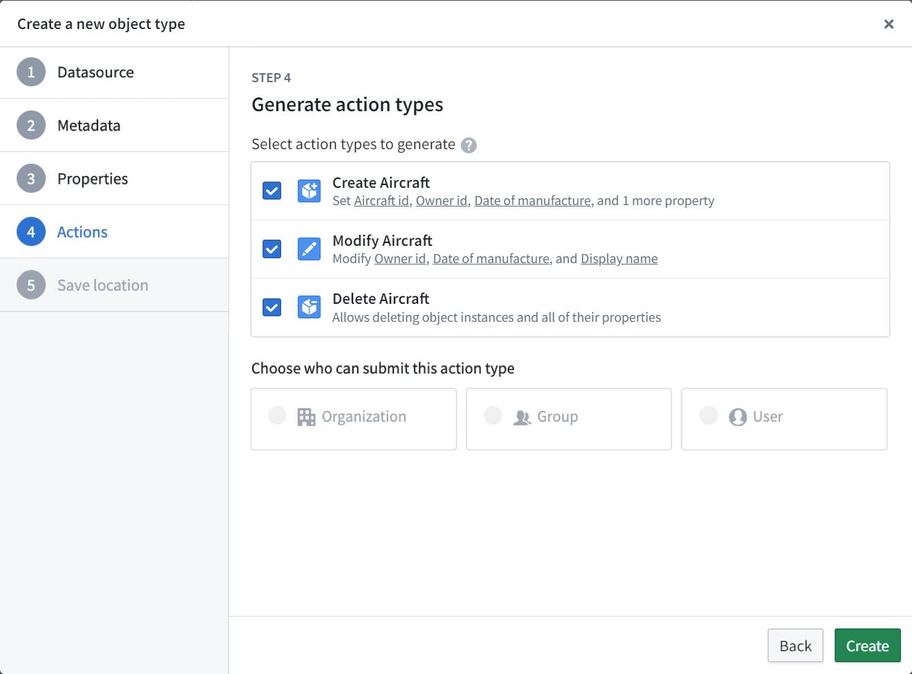 New object type Actions step