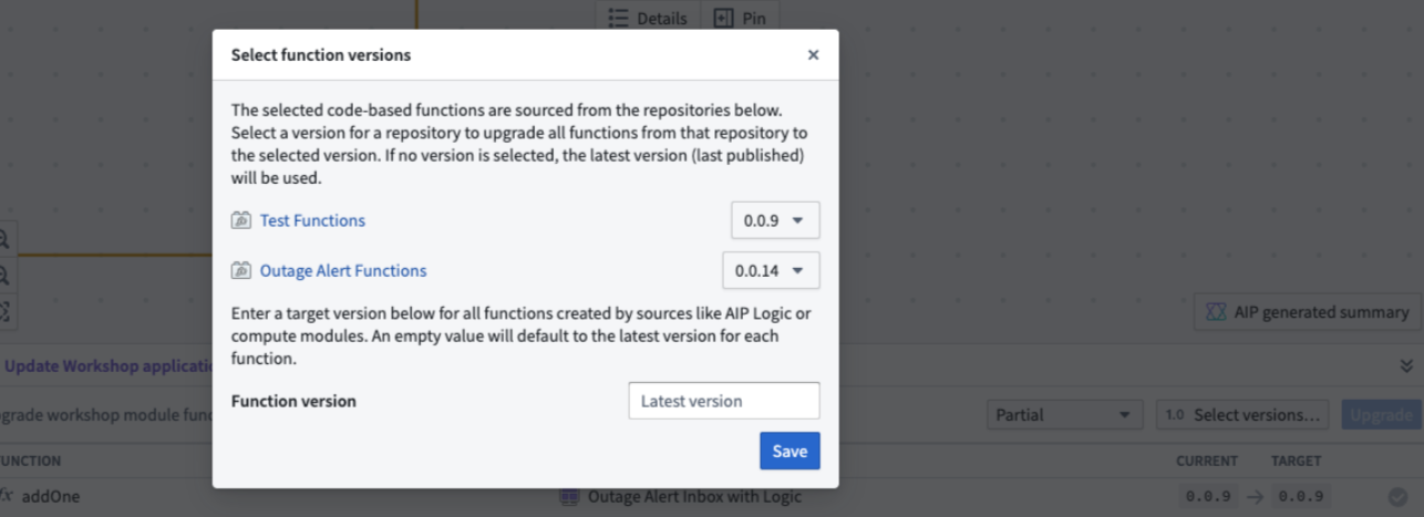 Specify the version to upgrade your functions to or have Workflow Lineage default to the latest version when upgrading.