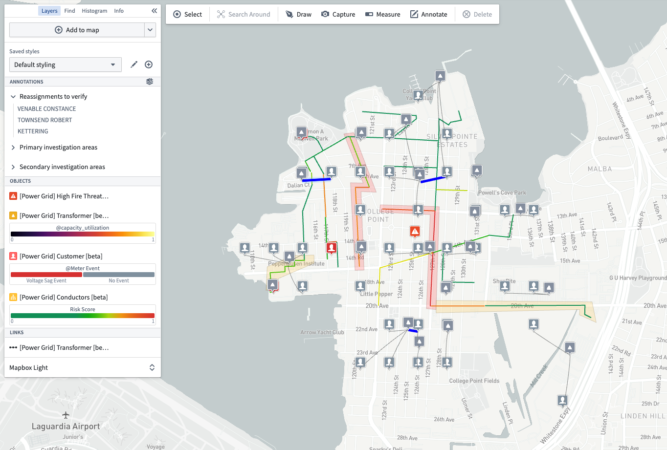 Map with polygon and line annotations of different colors.