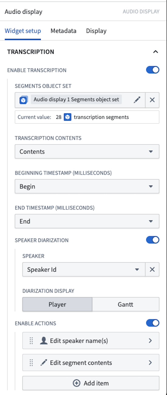 Transcription configuration options for the Audio and Transcription Display widget.