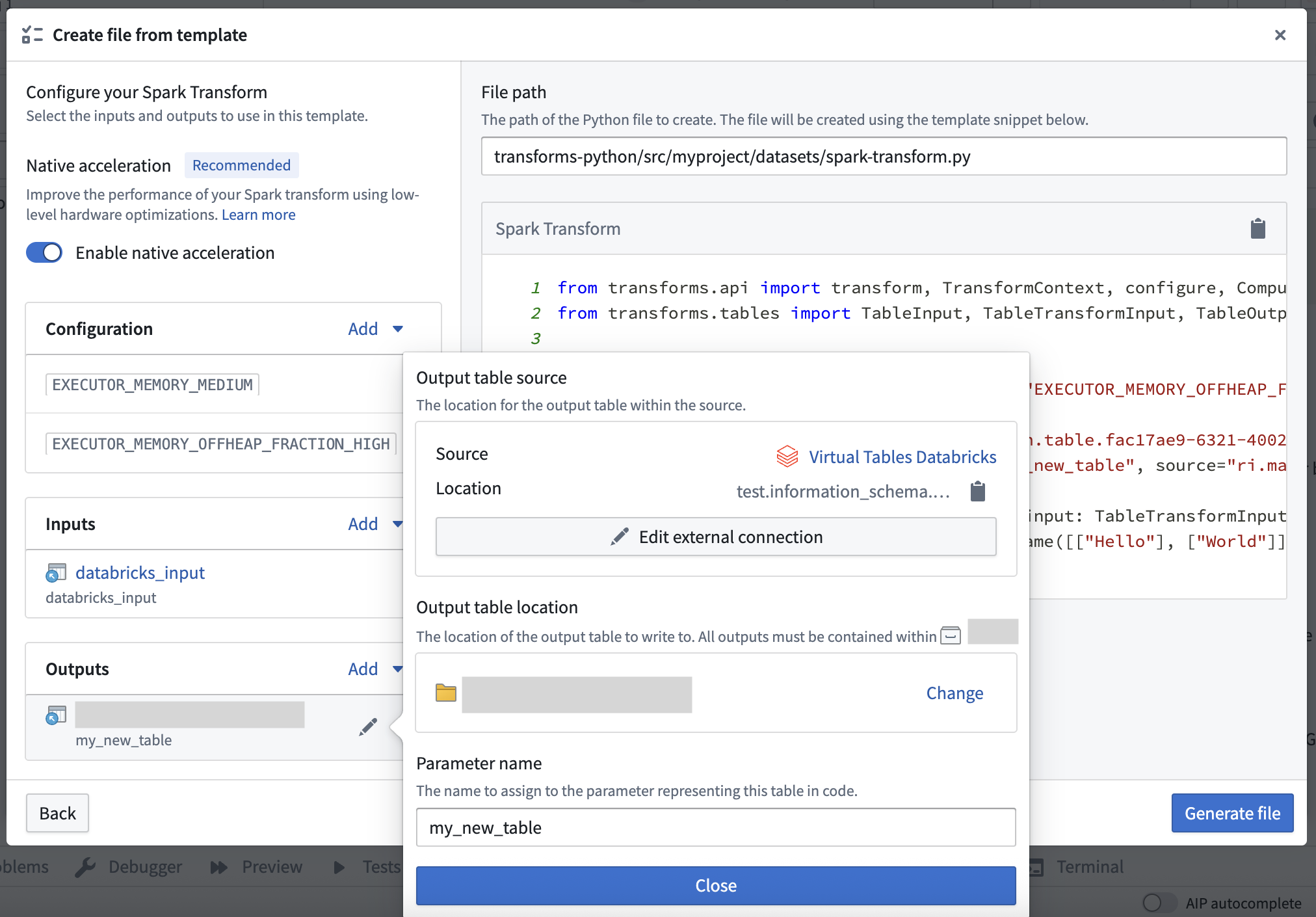 Configuring a virtual table output in the "Output table source" dialog.