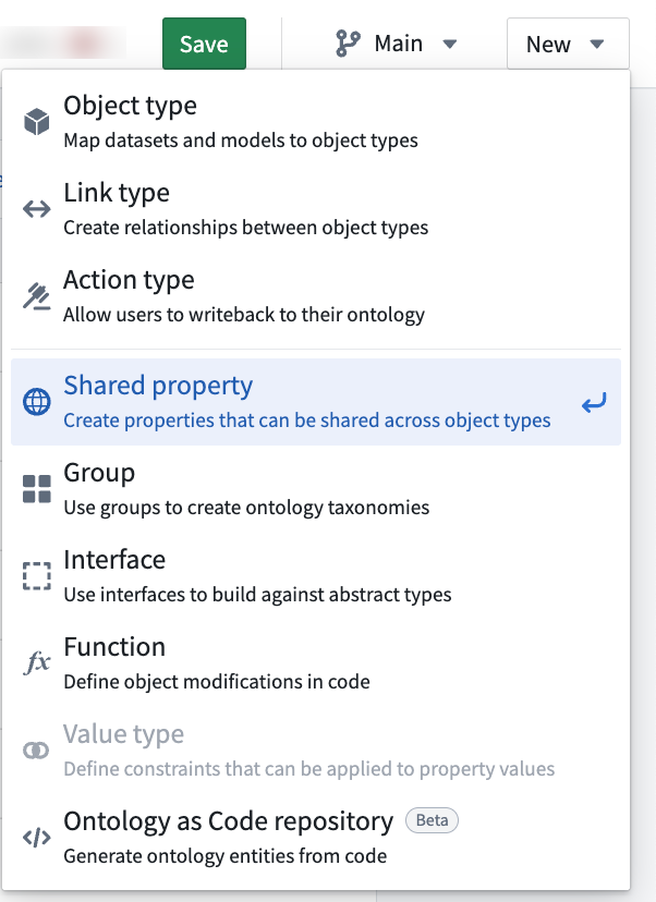 Shared property option from the New dropdown menu.